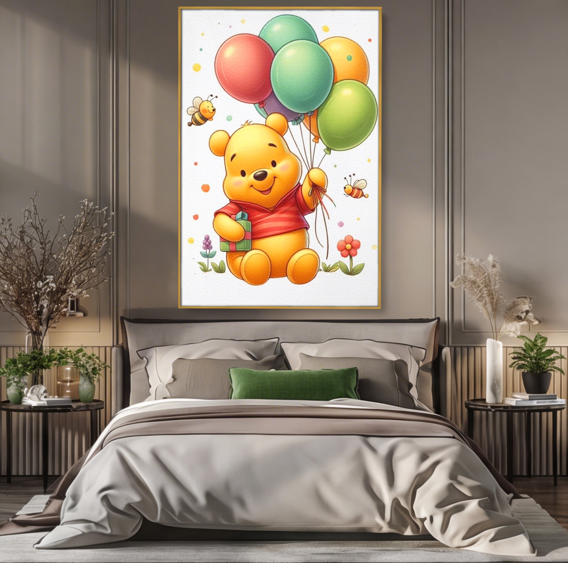 Leinwandbilder Premium, LuxCanva® K1036, Ballon-Teddybär, Pooh, Winnie The Pooh, Luftballons, Freund, Bienen, glücklich, Glück, Glück, Geschenk, Jahrestag, Unschuld, Kinderzimmer, Schlafzimmer