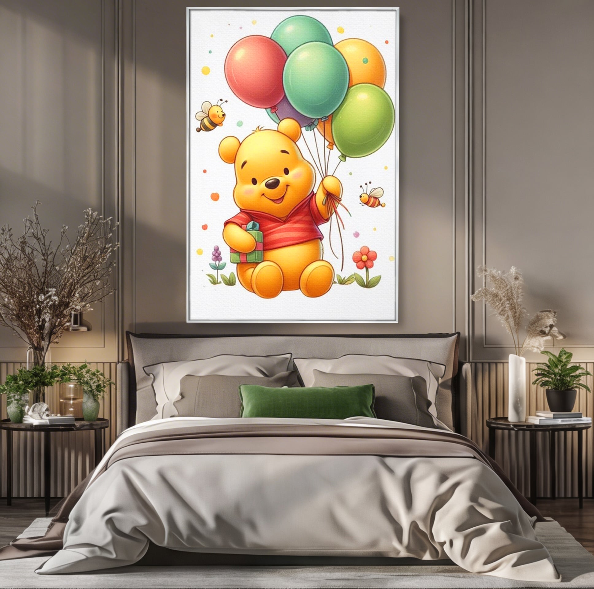 Leinwandbilder Premium, LuxCanva® K1036, Ballon-Teddybär, Pooh, Winnie The Pooh, Luftballons, Freund, Bienen, glücklich, Glück, Glück, Geschenk, Jahrestag, Unschuld, Kinderzimmer, Schlafzimmer