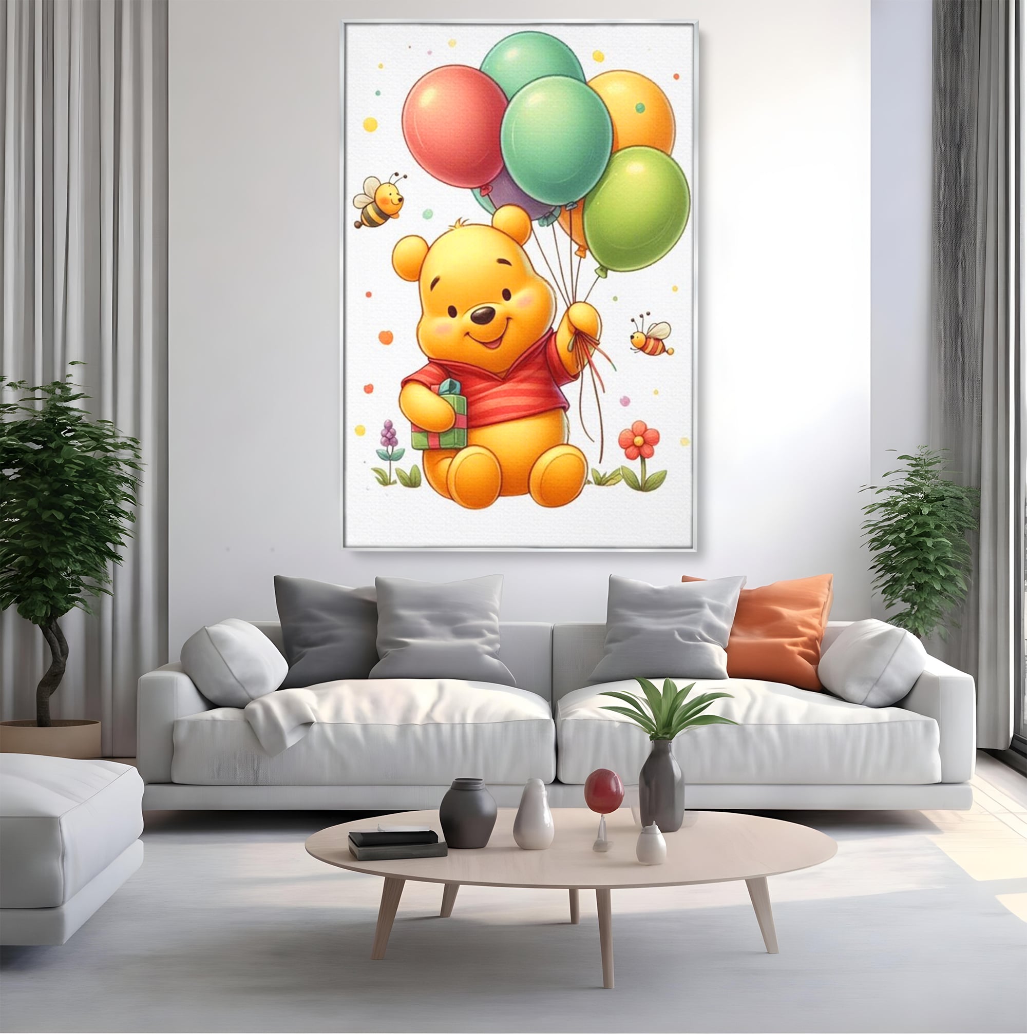 Leinwandbilder Premium, LuxCanva® K1036, Ballon-Teddybär, Pooh, Winnie The Pooh, Luftballons, Freund, Bienen, glücklich, Glück, Glück, Geschenk, Jahrestag, Unschuld, Kinderzimmer, Schlafzimmer