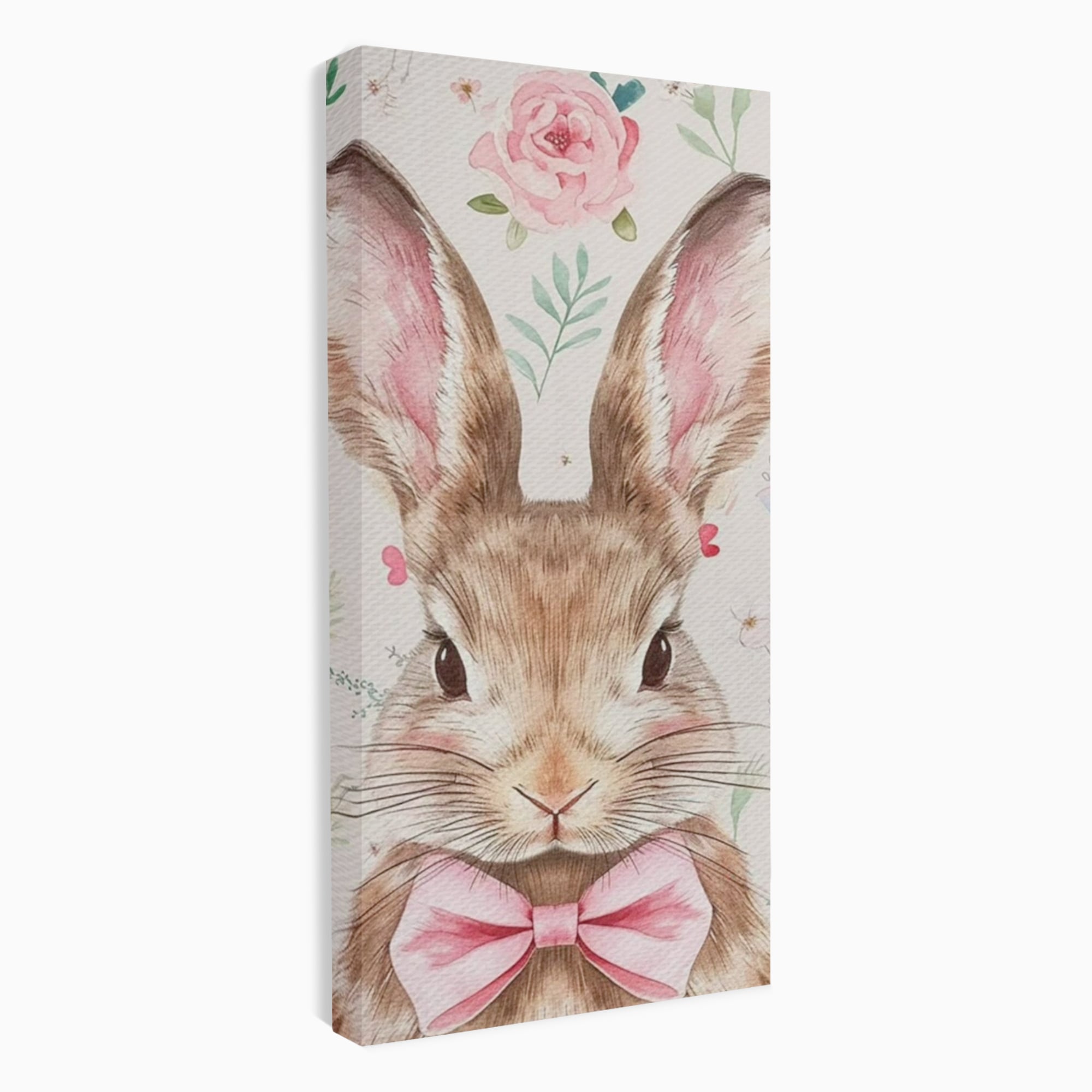 Leinwand Wandbilder Premium, LuxCanva® K1037, Herr Hase, Elegant, Fliege, Rosa, Gingham, Fröhlich, Frühling, Frühling, Decke, Floral, Stimmung, Pastell, Harmonie, Tier, Geschenk, Babyzimmer, Schlafzimmer