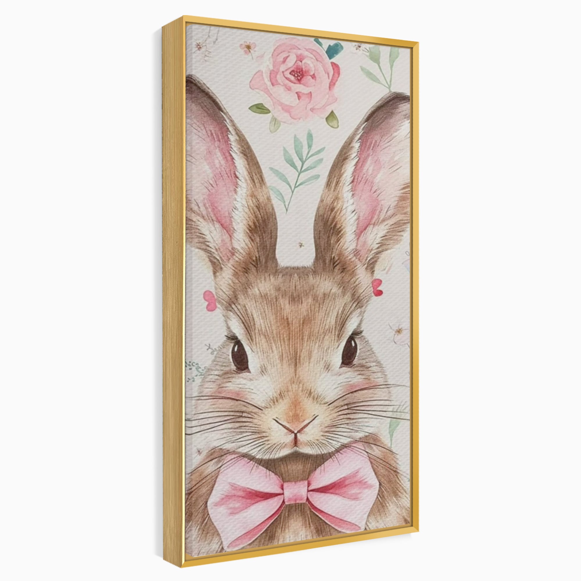 Leinwand Wandbilder Premium, LuxCanva® K1037, Herr Hase, Elegant, Fliege, Rosa, Gingham, Fröhlich, Frühling, Frühling, Decke, Floral, Stimmung, Pastell, Harmonie, Tier, Geschenk, Babyzimmer, Schlafzimmer