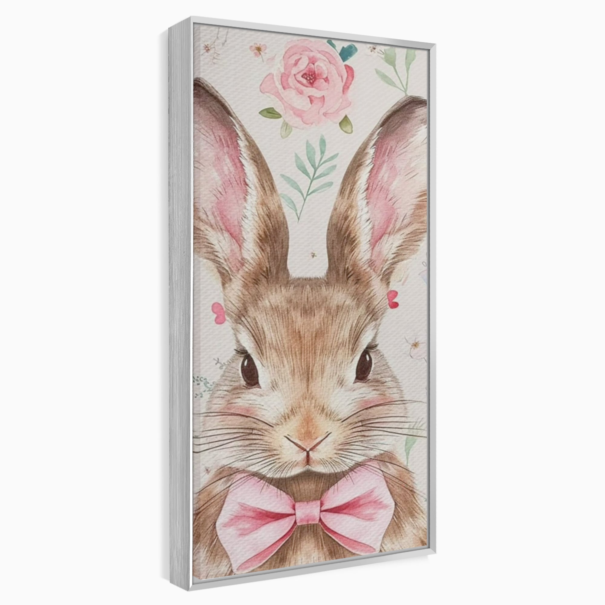 Leinwand Wandbilder Premium, LuxCanva® K1037, Herr Hase, Elegant, Fliege, Rosa, Gingham, Fröhlich, Frühling, Frühling, Decke, Floral, Stimmung, Pastell, Harmonie, Tier, Geschenk, Babyzimmer, Schlafzimmer