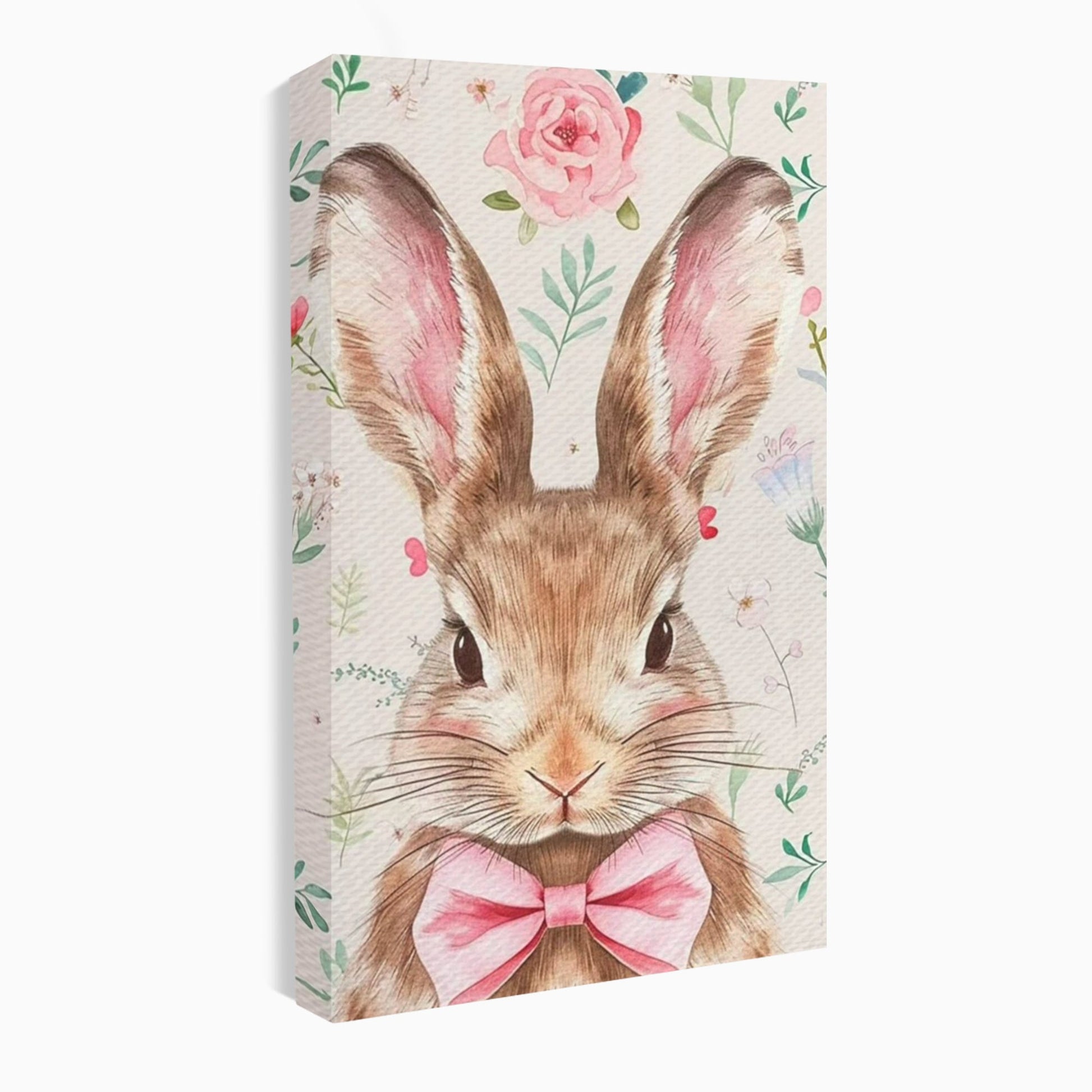 Leinwand Wandbilder Premium, LuxCanva® K1037, Herr Hase, Elegant, Fliege, Rosa, Gingham, Fröhlich, Frühling, Frühling, Decke, Floral, Stimmung, Pastell, Harmonie, Tier, Geschenk, Babyzimmer, Schlafzimmer
