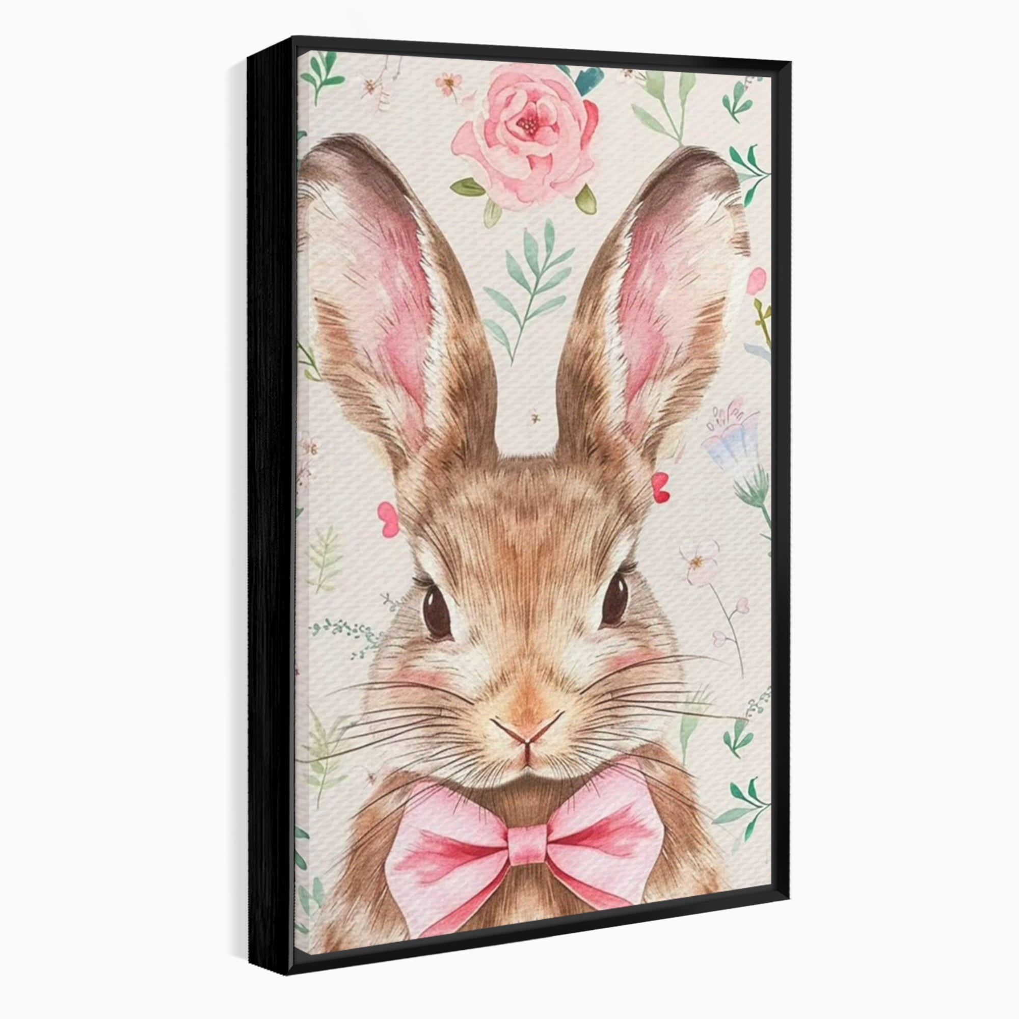 Leinwand Wandbilder Premium, LuxCanva® K1037, Herr Hase, Elegant, Fliege, Rosa, Gingham, Fröhlich, Frühling, Frühling, Decke, Floral, Stimmung, Pastell, Harmonie, Tier, Geschenk, Babyzimmer, Schlafzimmer