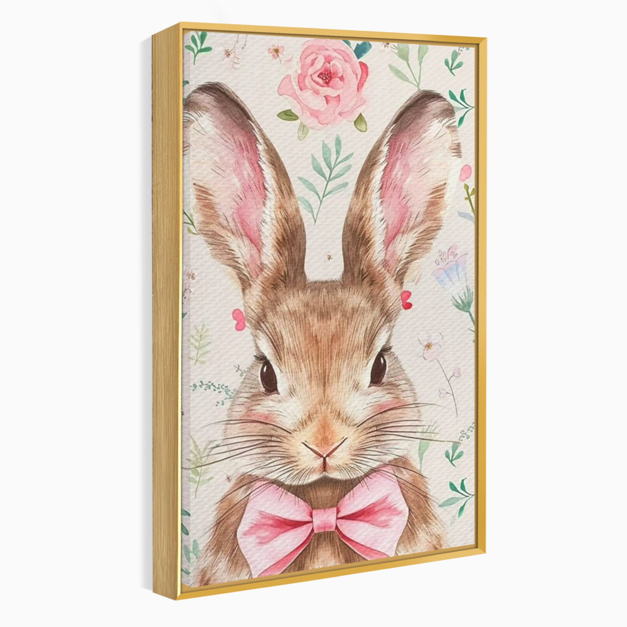 Leinwand Wandbilder Premium, LuxCanva® K1037, Herr Hase, Elegant, Fliege, Rosa, Gingham, Fröhlich, Frühling, Frühling, Decke, Floral, Stimmung, Pastell, Harmonie, Tier, Geschenk, Babyzimmer, Schlafzimmer