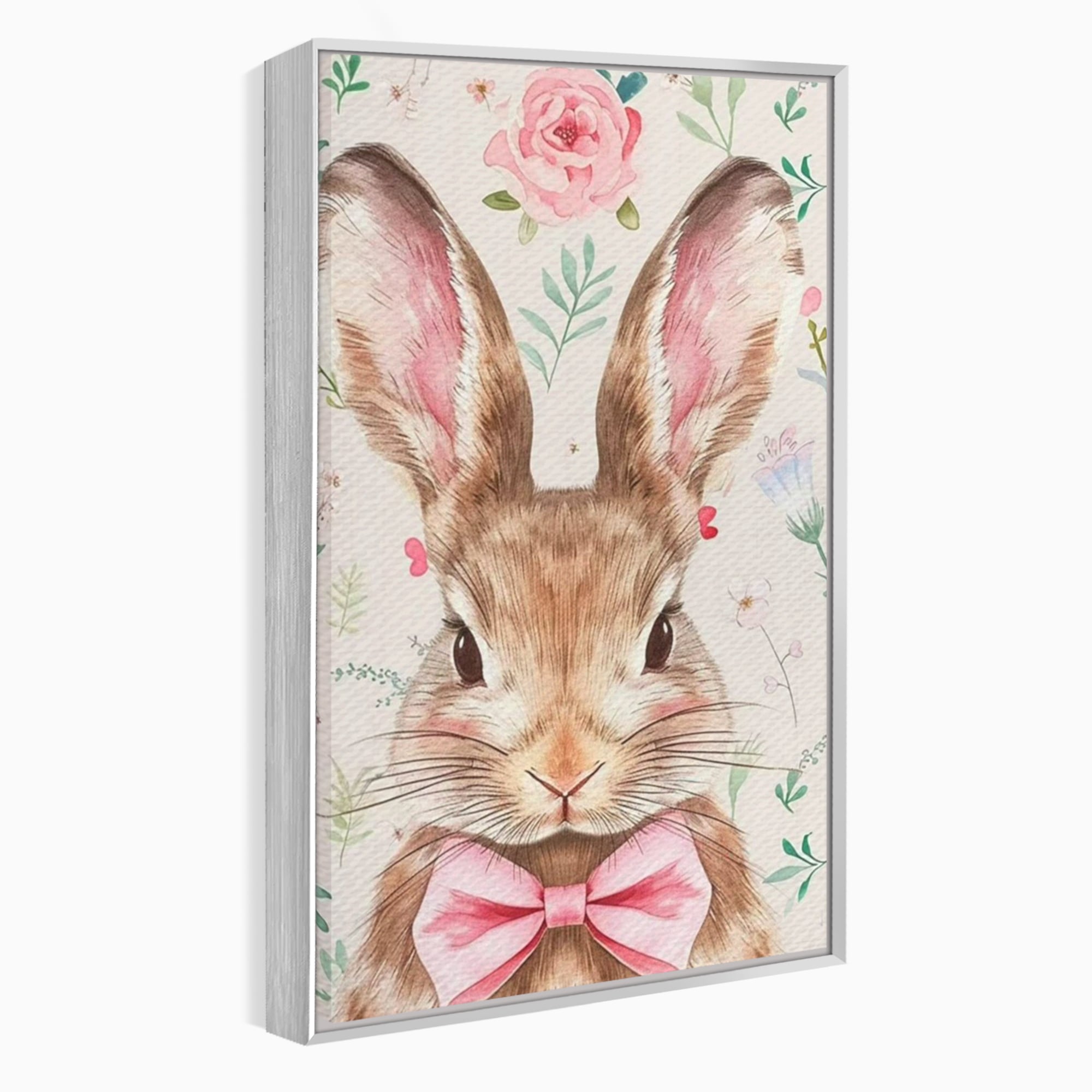 Leinwand Wandbilder Premium, LuxCanva® K1037, Herr Hase, Elegant, Fliege, Rosa, Gingham, Fröhlich, Frühling, Frühling, Decke, Floral, Stimmung, Pastell, Harmonie, Tier, Geschenk, Babyzimmer, Schlafzimmer