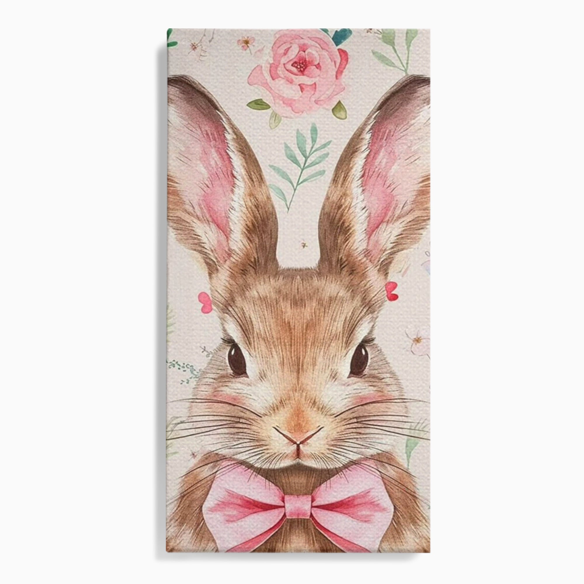 Leinwand Wandbilder Premium, LuxCanva® K1037, Herr Hase, Elegant, Fliege, Rosa, Gingham, Fröhlich, Frühling, Frühling, Decke, Floral, Stimmung, Pastell, Harmonie, Tier, Geschenk, Babyzimmer, Schlafzimmer