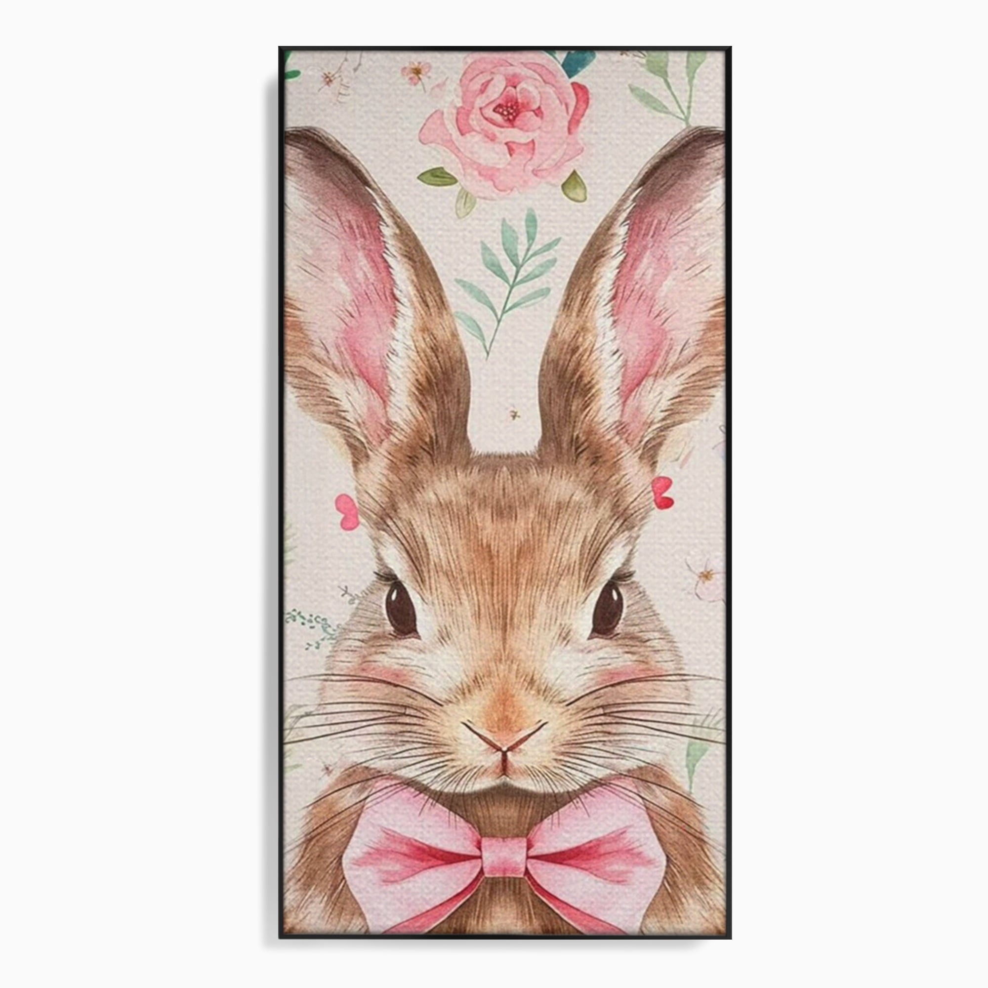 Leinwand Wandbilder Premium, LuxCanva® K1037, Herr Hase, Elegant, Fliege, Rosa, Gingham, Fröhlich, Frühling, Frühling, Decke, Floral, Stimmung, Pastell, Harmonie, Tier, Geschenk, Babyzimmer, Schlafzimmer