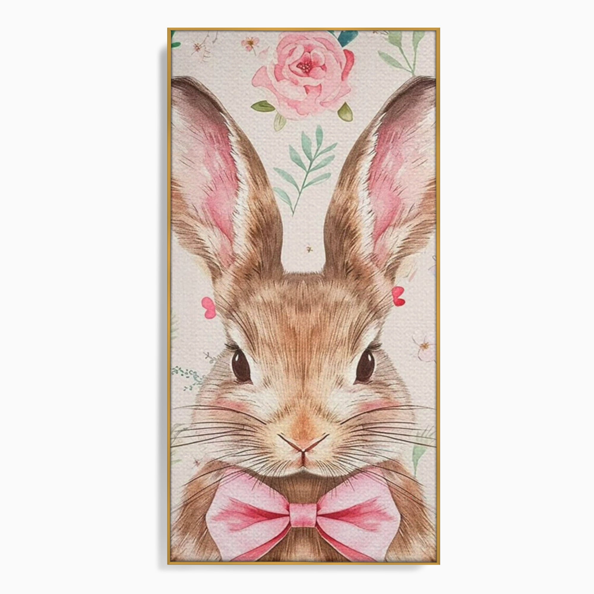 Leinwand Wandbilder Premium, LuxCanva® K1037, Herr Hase, Elegant, Fliege, Rosa, Gingham, Fröhlich, Frühling, Frühling, Decke, Floral, Stimmung, Pastell, Harmonie, Tier, Geschenk, Babyzimmer, Schlafzimmer