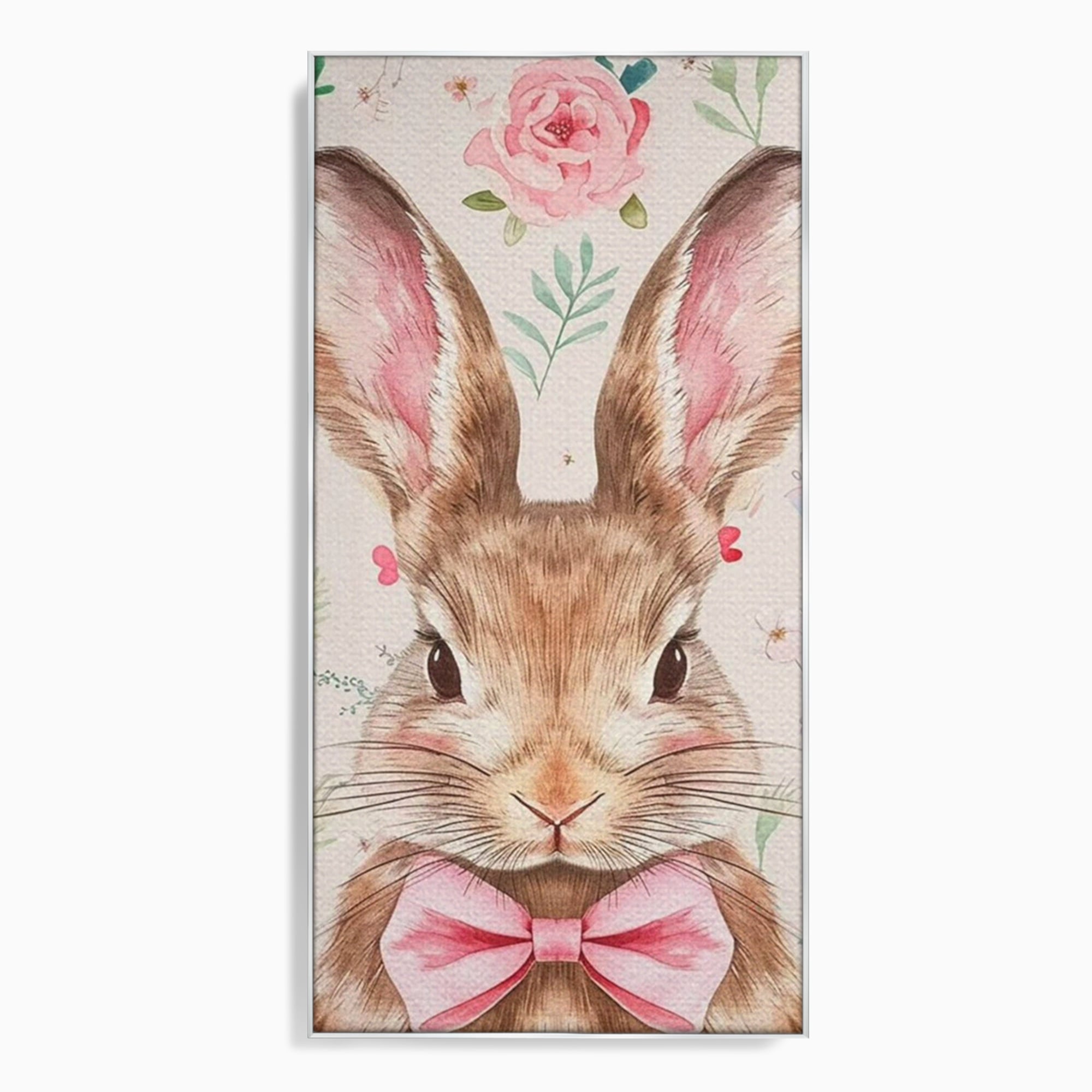 Leinwand Wandbilder Premium, LuxCanva® K1037, Herr Hase, Elegant, Fliege, Rosa, Gingham, Fröhlich, Frühling, Frühling, Decke, Floral, Stimmung, Pastell, Harmonie, Tier, Geschenk, Babyzimmer, Schlafzimmer