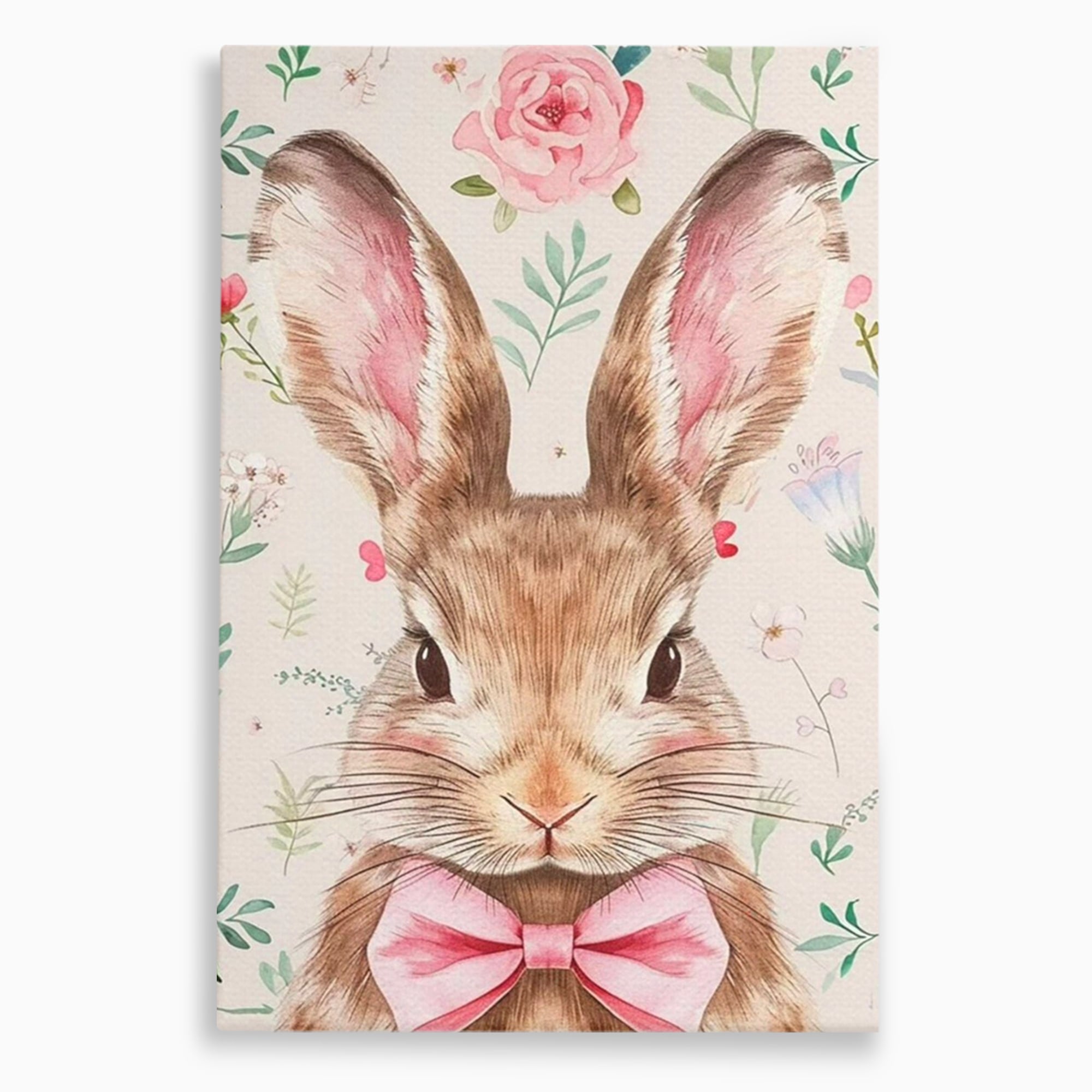 Leinwand Wandbilder Premium, LuxCanva® K1037, Herr Hase, Elegant, Fliege, Rosa, Gingham, Fröhlich, Frühling, Frühling, Decke, Floral, Stimmung, Pastell, Harmonie, Tier, Geschenk, Babyzimmer, Schlafzimmer