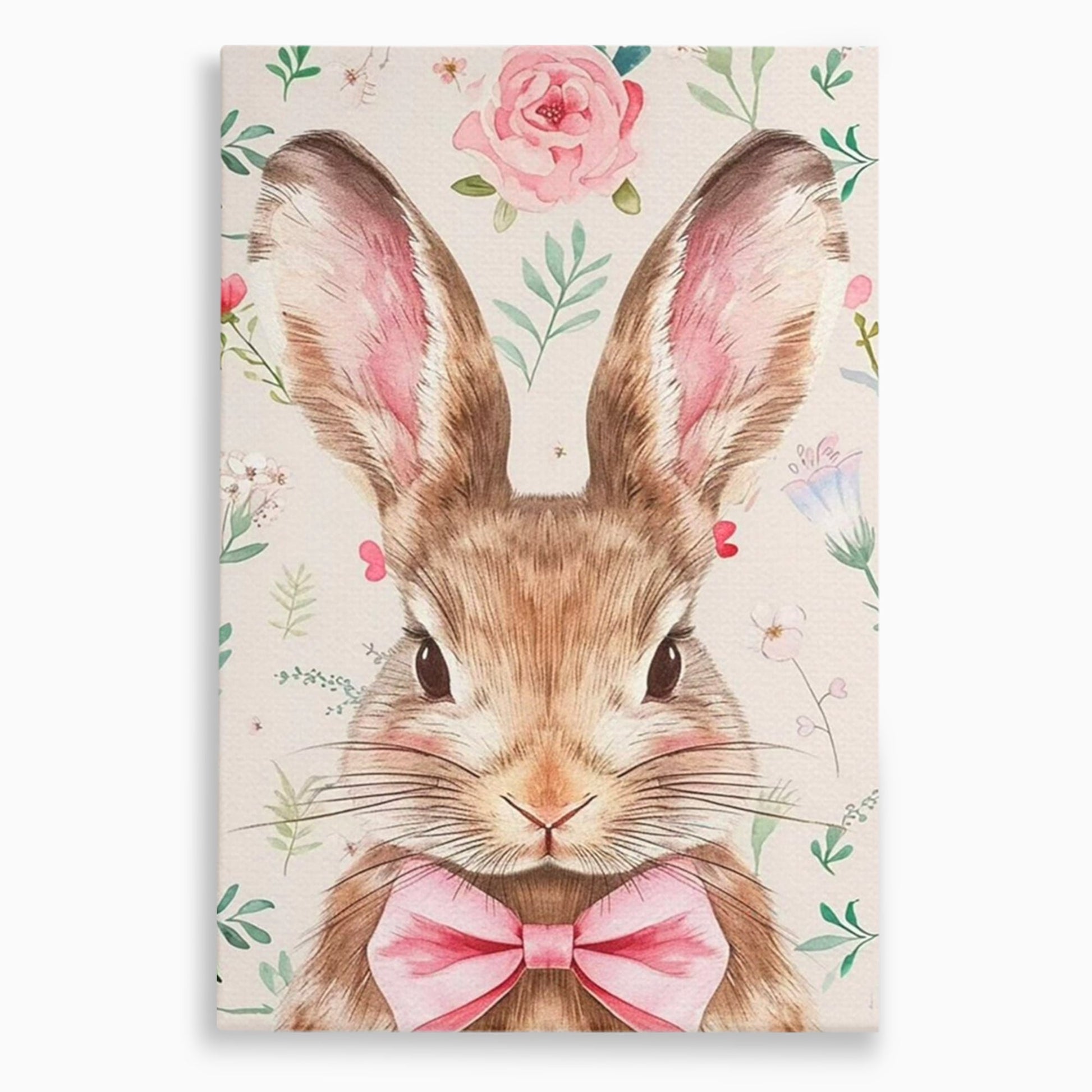Leinwand Wandbilder Premium, LuxCanva® K1037, Herr Hase, Elegant, Fliege, Rosa, Gingham, Fröhlich, Frühling, Frühling, Decke, Floral, Stimmung, Pastell, Harmonie, Tier, Geschenk, Babyzimmer, Schlafzimmer