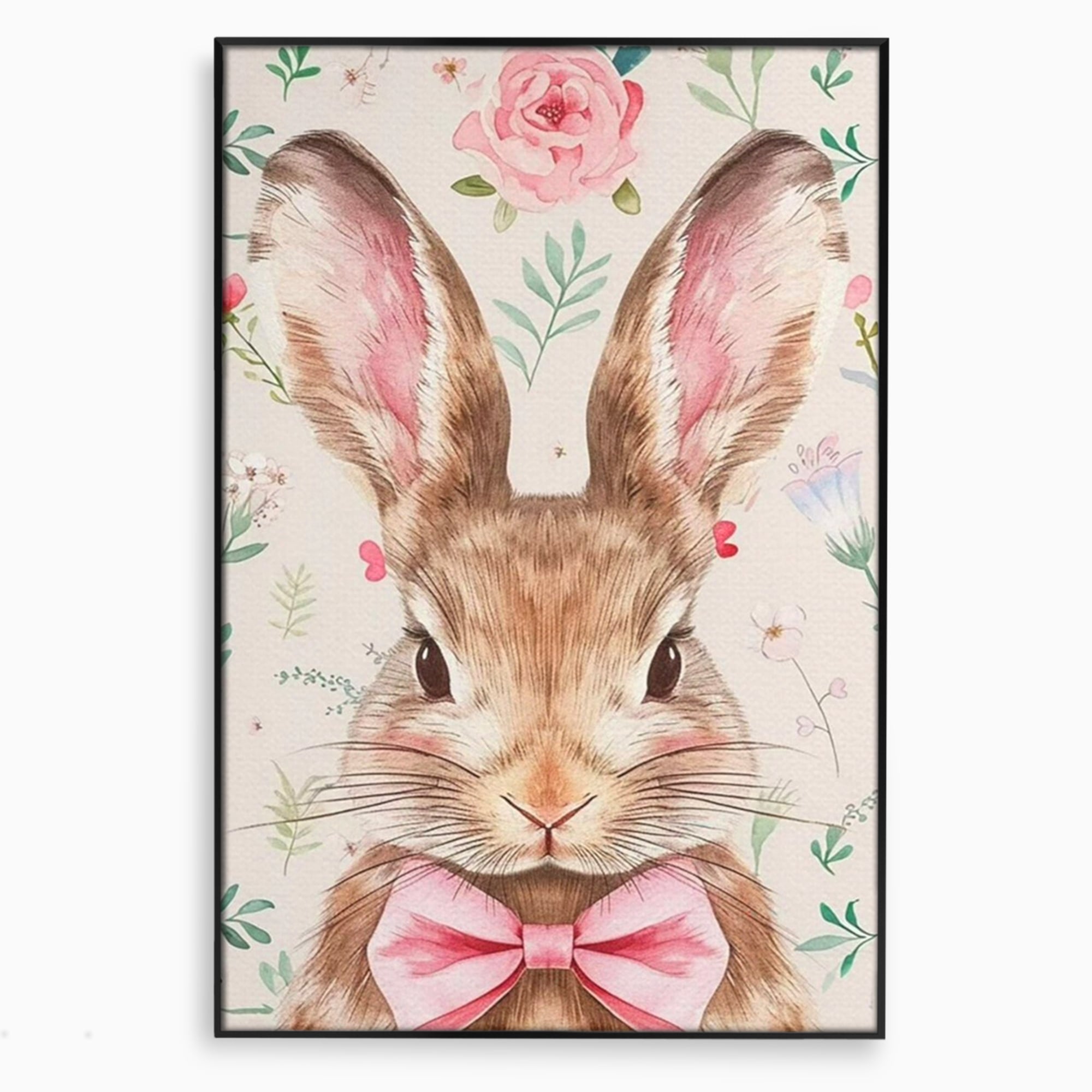 Leinwand Wandbilder Premium, LuxCanva® K1037, Herr Hase, Elegant, Fliege, Rosa, Gingham, Fröhlich, Frühling, Frühling, Decke, Floral, Stimmung, Pastell, Harmonie, Tier, Geschenk, Babyzimmer, Schlafzimmer