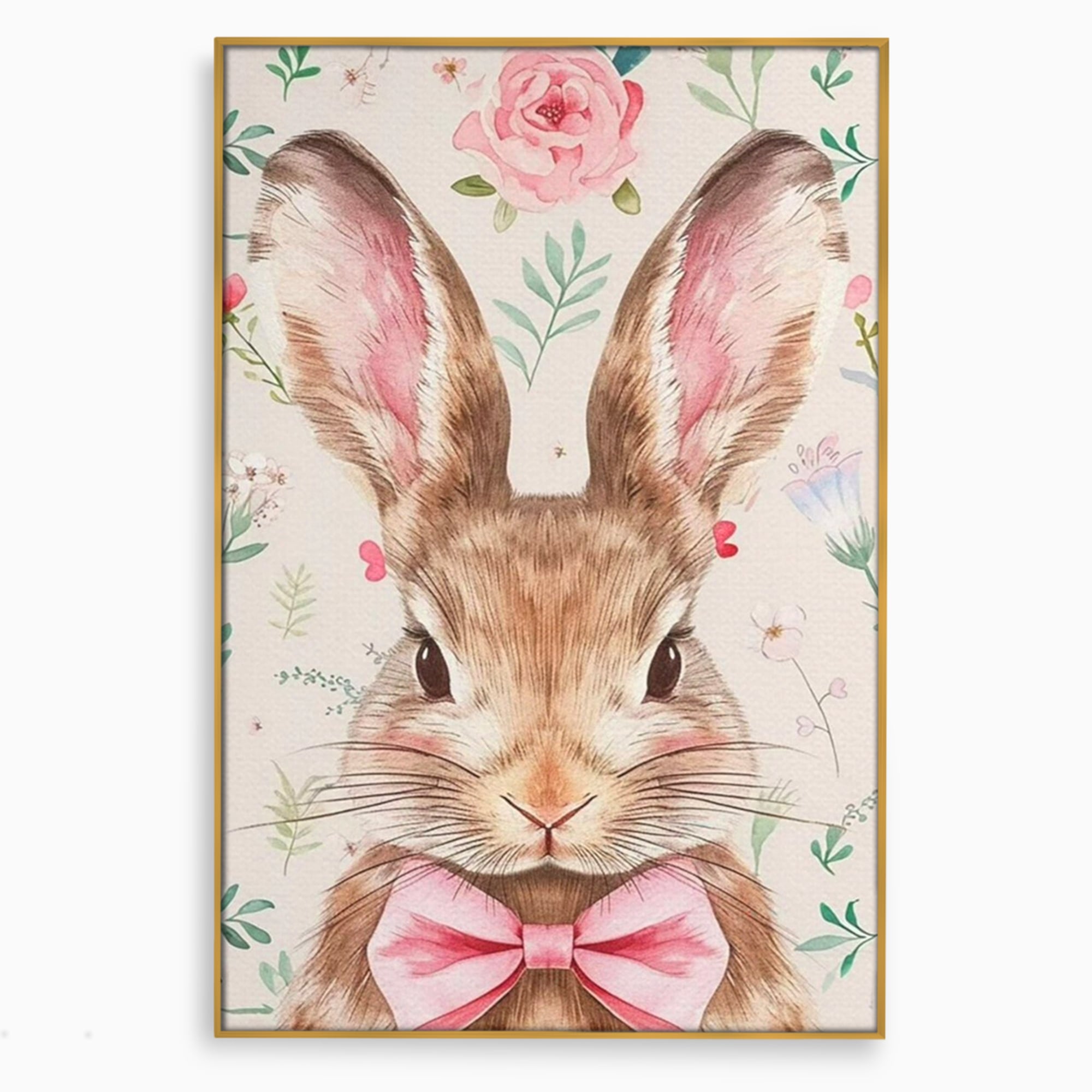 Leinwand Wandbilder Premium, LuxCanva® K1037, Herr Hase, Elegant, Fliege, Rosa, Gingham, Fröhlich, Frühling, Frühling, Decke, Floral, Stimmung, Pastell, Harmonie, Tier, Geschenk, Babyzimmer, Schlafzimmer