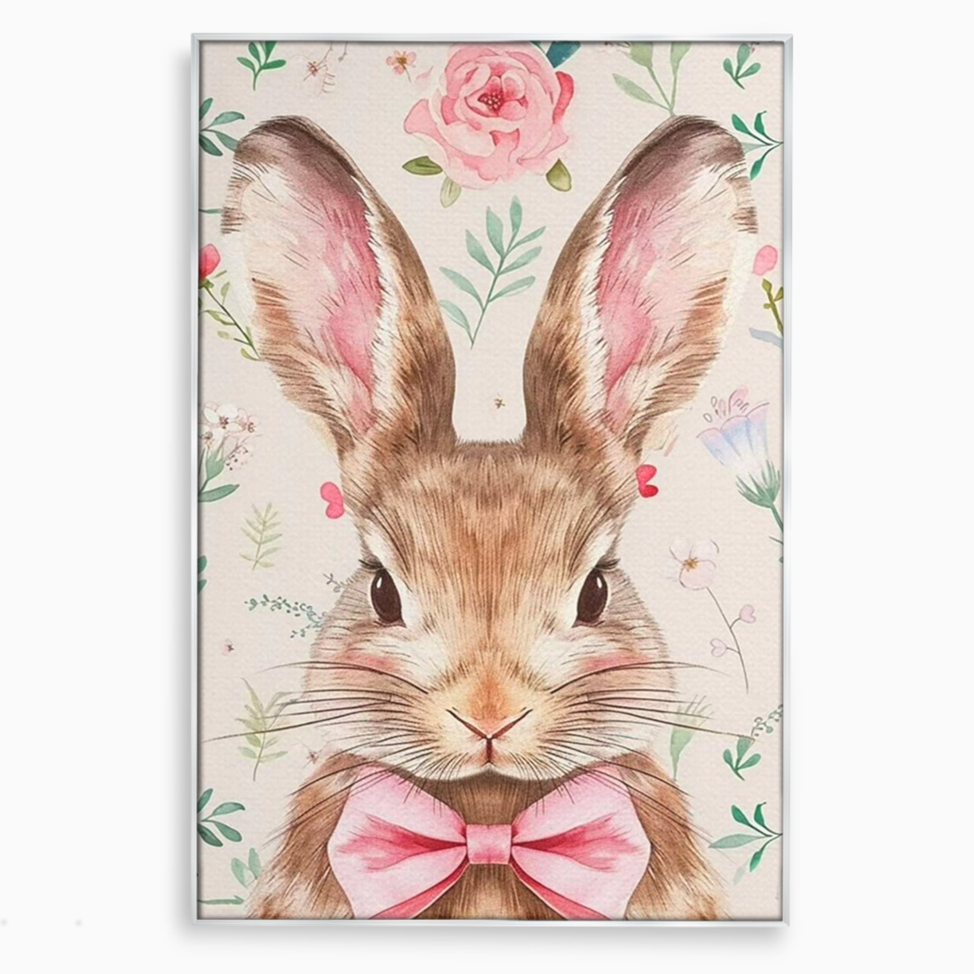 Leinwand Wandbilder Premium, LuxCanva® K1037, Herr Hase, Elegant, Fliege, Rosa, Gingham, Fröhlich, Frühling, Frühling, Decke, Floral, Stimmung, Pastell, Harmonie, Tier, Geschenk, Babyzimmer, Schlafzimmer