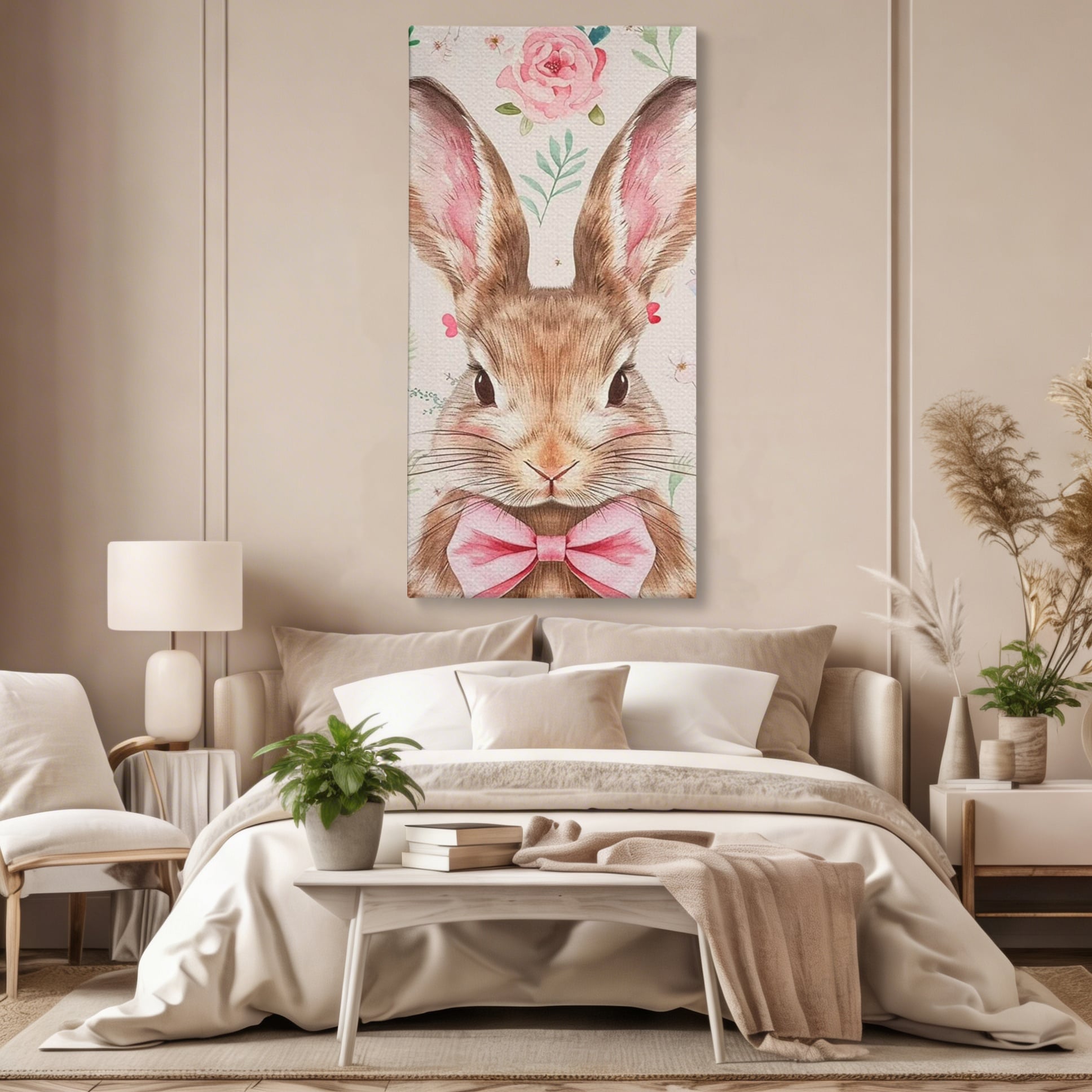 Leinwand Wandbilder Premium, LuxCanva® K1037, Herr Hase, Elegant, Fliege, Rosa, Gingham, Fröhlich, Frühling, Frühling, Decke, Floral, Stimmung, Pastell, Harmonie, Tier, Geschenk, Babyzimmer, Schlafzimmer
