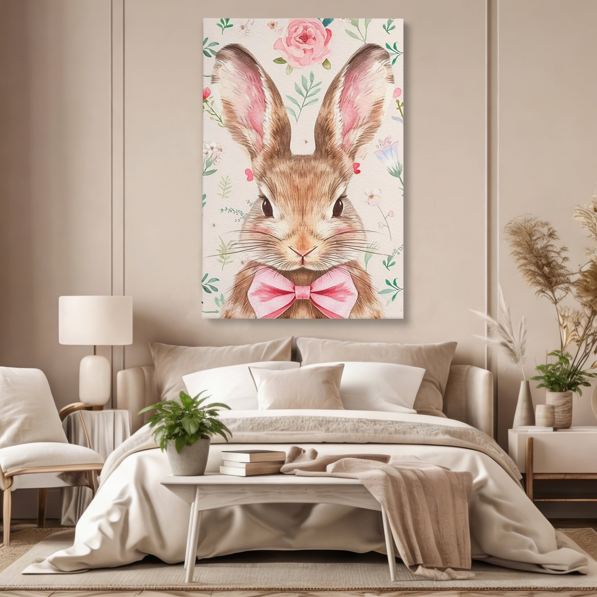 Leinwand Wandbilder Premium, LuxCanva® K1037, Herr Hase, Elegant, Fliege, Rosa, Gingham, Fröhlich, Frühling, Frühling, Decke, Floral, Stimmung, Pastell, Harmonie, Tier, Geschenk, Babyzimmer, Schlafzimmer