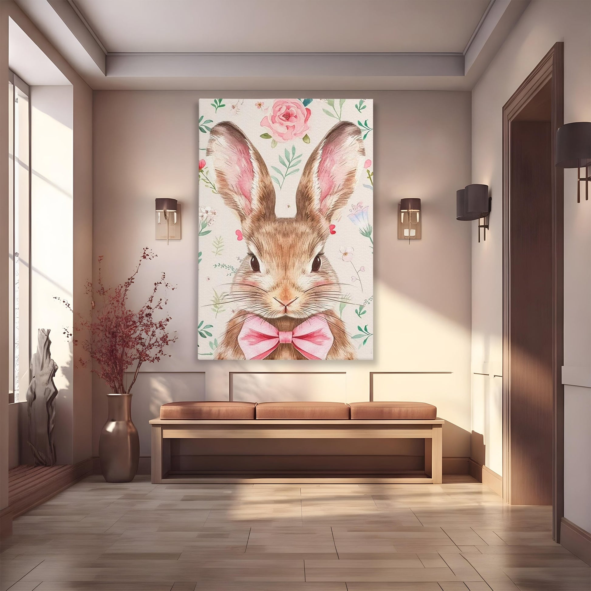Leinwand Wandbilder Premium, LuxCanva® K1037, Herr Hase, Elegant, Fliege, Rosa, Gingham, Fröhlich, Frühling, Frühling, Decke, Floral, Stimmung, Pastell, Harmonie, Tier, Geschenk, Babyzimmer, Schlafzimmer
