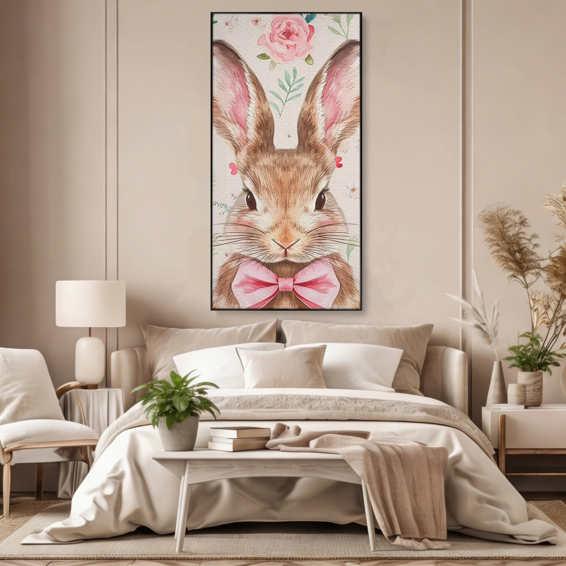 Leinwand Wandbilder Premium, LuxCanva® K1037, Herr Hase, Elegant, Fliege, Rosa, Gingham, Fröhlich, Frühling, Frühling, Decke, Floral, Stimmung, Pastell, Harmonie, Tier, Geschenk, Babyzimmer, Schlafzimmer