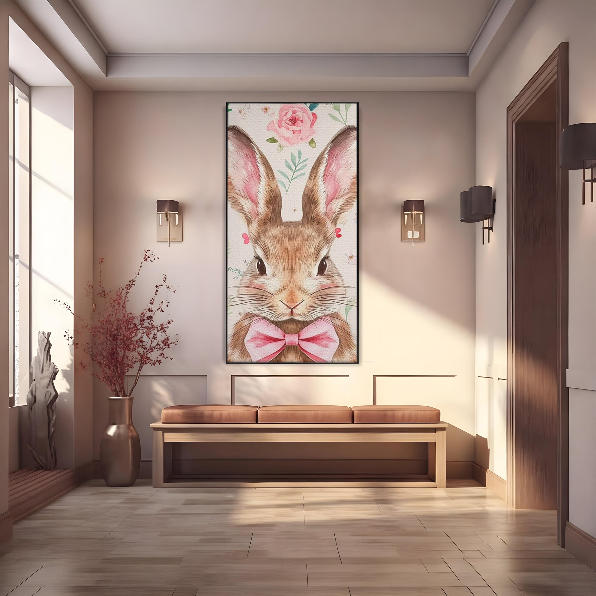 Leinwand Wandbilder Premium, LuxCanva® K1037, Herr Hase, Elegant, Fliege, Rosa, Gingham, Fröhlich, Frühling, Frühling, Decke, Floral, Stimmung, Pastell, Harmonie, Tier, Geschenk, Babyzimmer, Schlafzimmer