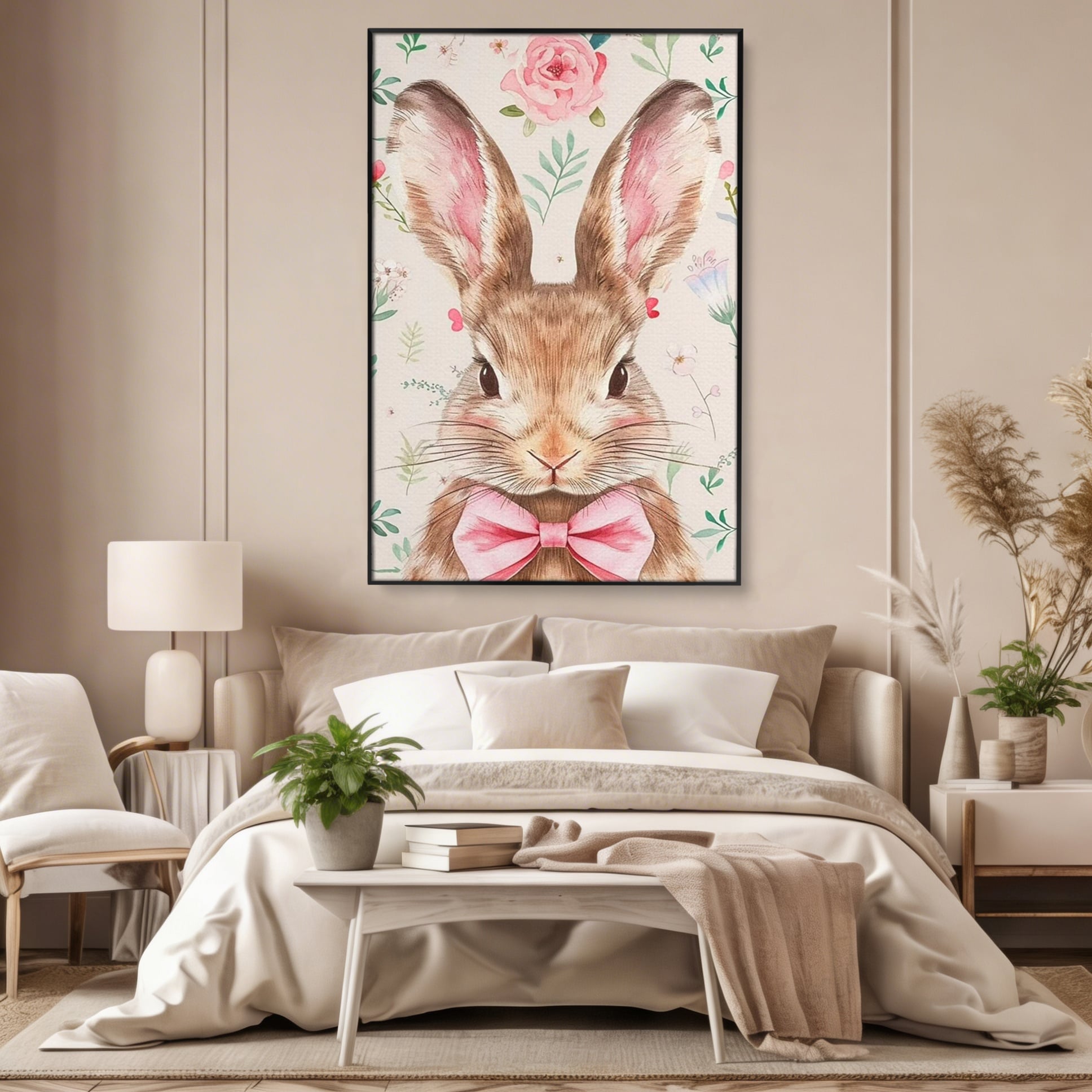 Leinwand Wandbilder Premium, LuxCanva® K1037, Herr Hase, Elegant, Fliege, Rosa, Gingham, Fröhlich, Frühling, Frühling, Decke, Floral, Stimmung, Pastell, Harmonie, Tier, Geschenk, Babyzimmer, Schlafzimmer