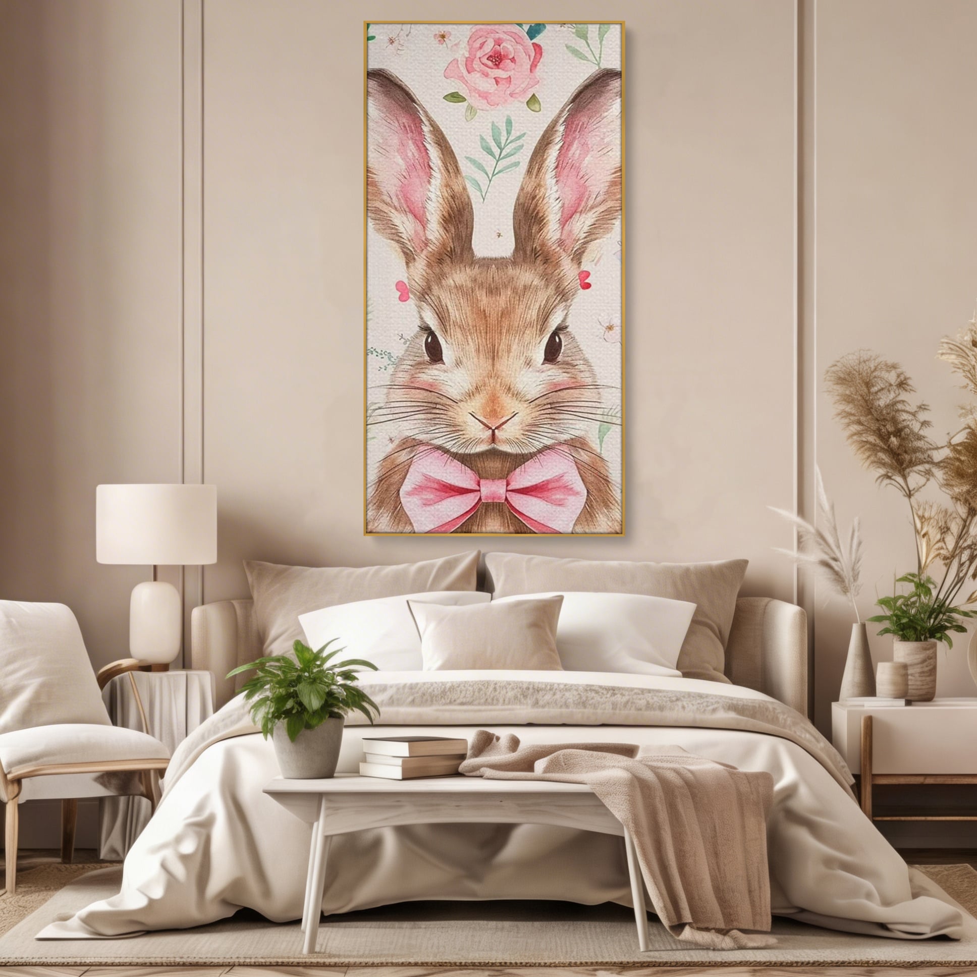 Leinwand Wandbilder Premium, LuxCanva® K1037, Herr Hase, Elegant, Fliege, Rosa, Gingham, Fröhlich, Frühling, Frühling, Decke, Floral, Stimmung, Pastell, Harmonie, Tier, Geschenk, Babyzimmer, Schlafzimmer