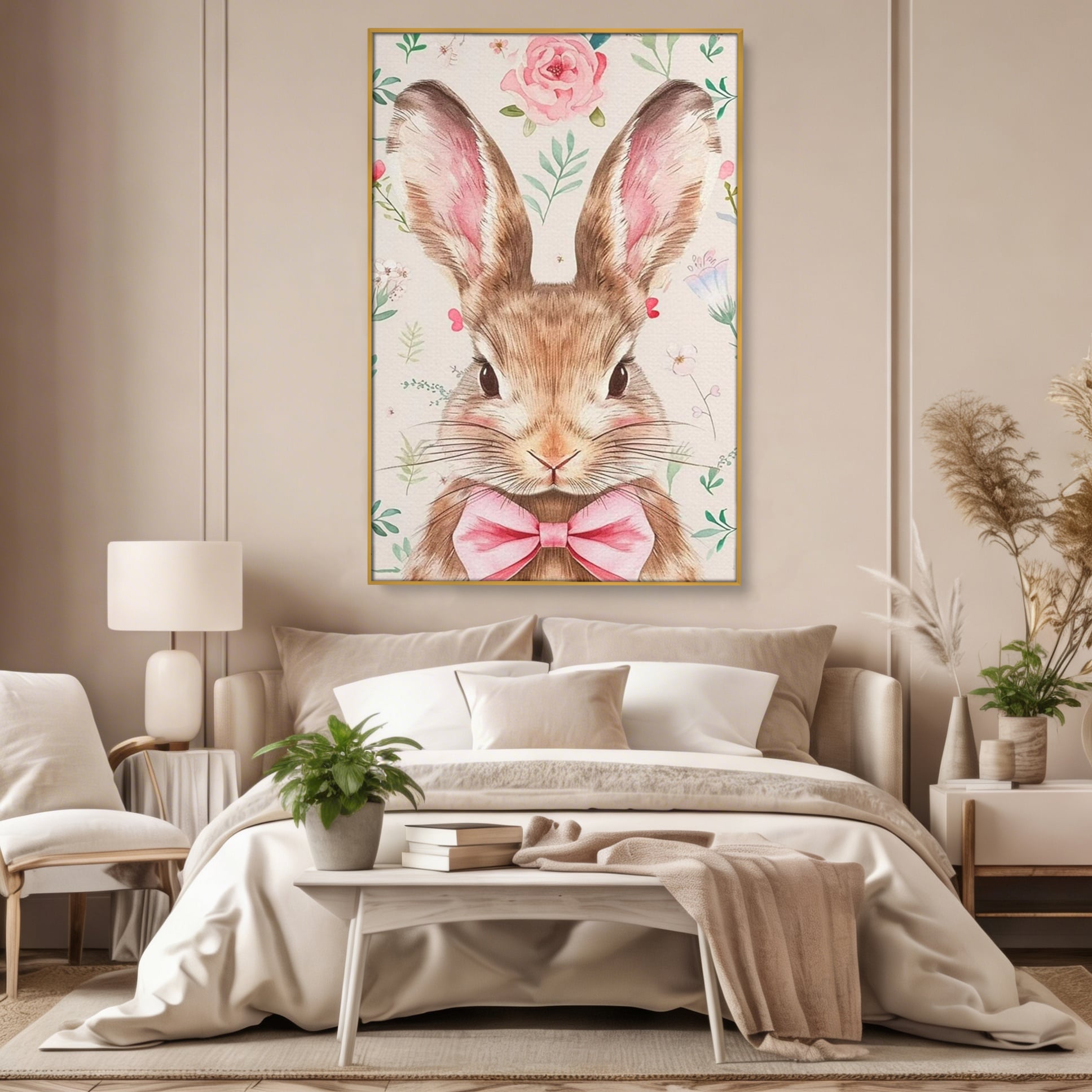 Leinwand Wandbilder Premium, LuxCanva® K1037, Herr Hase, Elegant, Fliege, Rosa, Gingham, Fröhlich, Frühling, Frühling, Decke, Floral, Stimmung, Pastell, Harmonie, Tier, Geschenk, Babyzimmer, Schlafzimmer