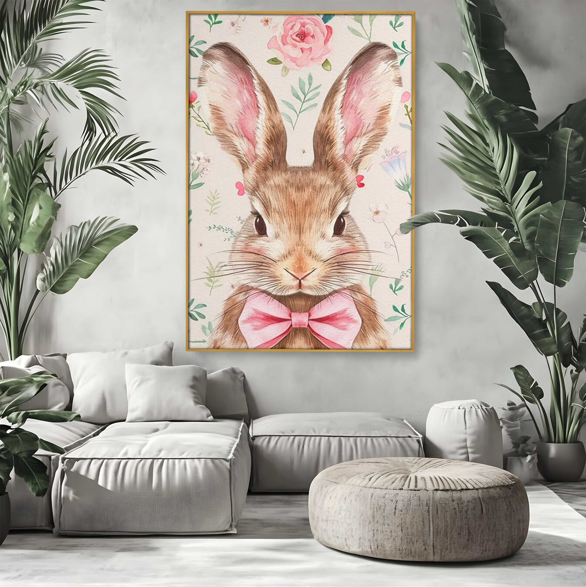 Leinwand Wandbilder Premium, LuxCanva® K1037, Herr Hase, Elegant, Fliege, Rosa, Gingham, Fröhlich, Frühling, Frühling, Decke, Floral, Stimmung, Pastell, Harmonie, Tier, Geschenk, Babyzimmer, Schlafzimmer