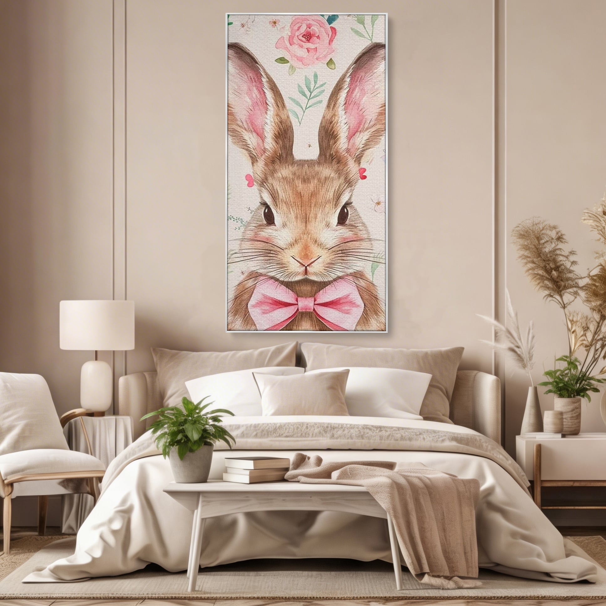 Leinwand Wandbilder Premium, LuxCanva® K1037, Herr Hase, Elegant, Fliege, Rosa, Gingham, Fröhlich, Frühling, Frühling, Decke, Floral, Stimmung, Pastell, Harmonie, Tier, Geschenk, Babyzimmer, Schlafzimmer