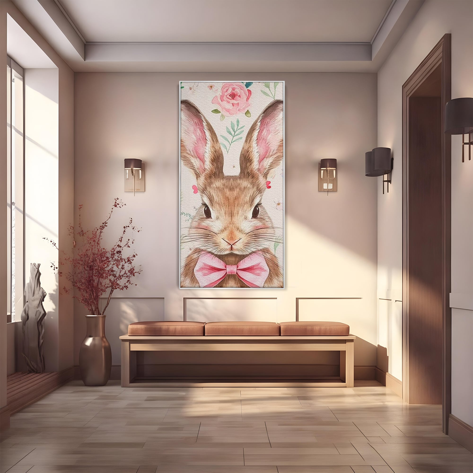 Leinwand Wandbilder Premium, LuxCanva® K1037, Herr Hase, Elegant, Fliege, Rosa, Gingham, Fröhlich, Frühling, Frühling, Decke, Floral, Stimmung, Pastell, Harmonie, Tier, Geschenk, Babyzimmer, Schlafzimmer