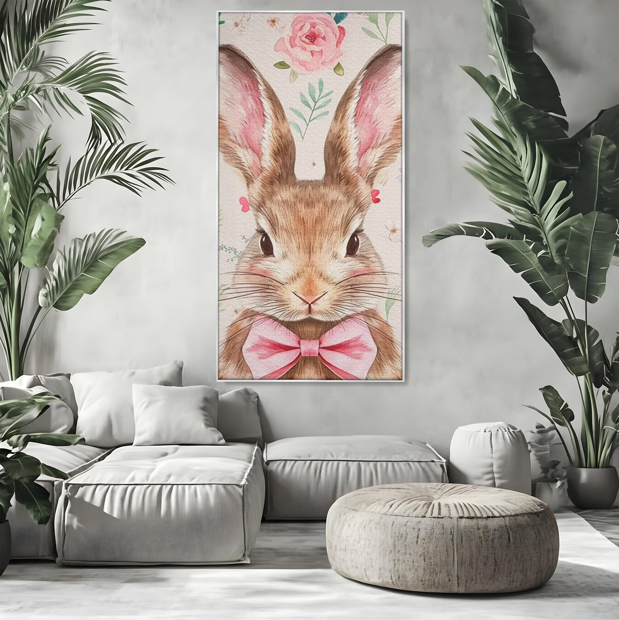 Leinwand Wandbilder Premium, LuxCanva® K1037, Herr Hase, Elegant, Fliege, Rosa, Gingham, Fröhlich, Frühling, Frühling, Decke, Floral, Stimmung, Pastell, Harmonie, Tier, Geschenk, Babyzimmer, Schlafzimmer
