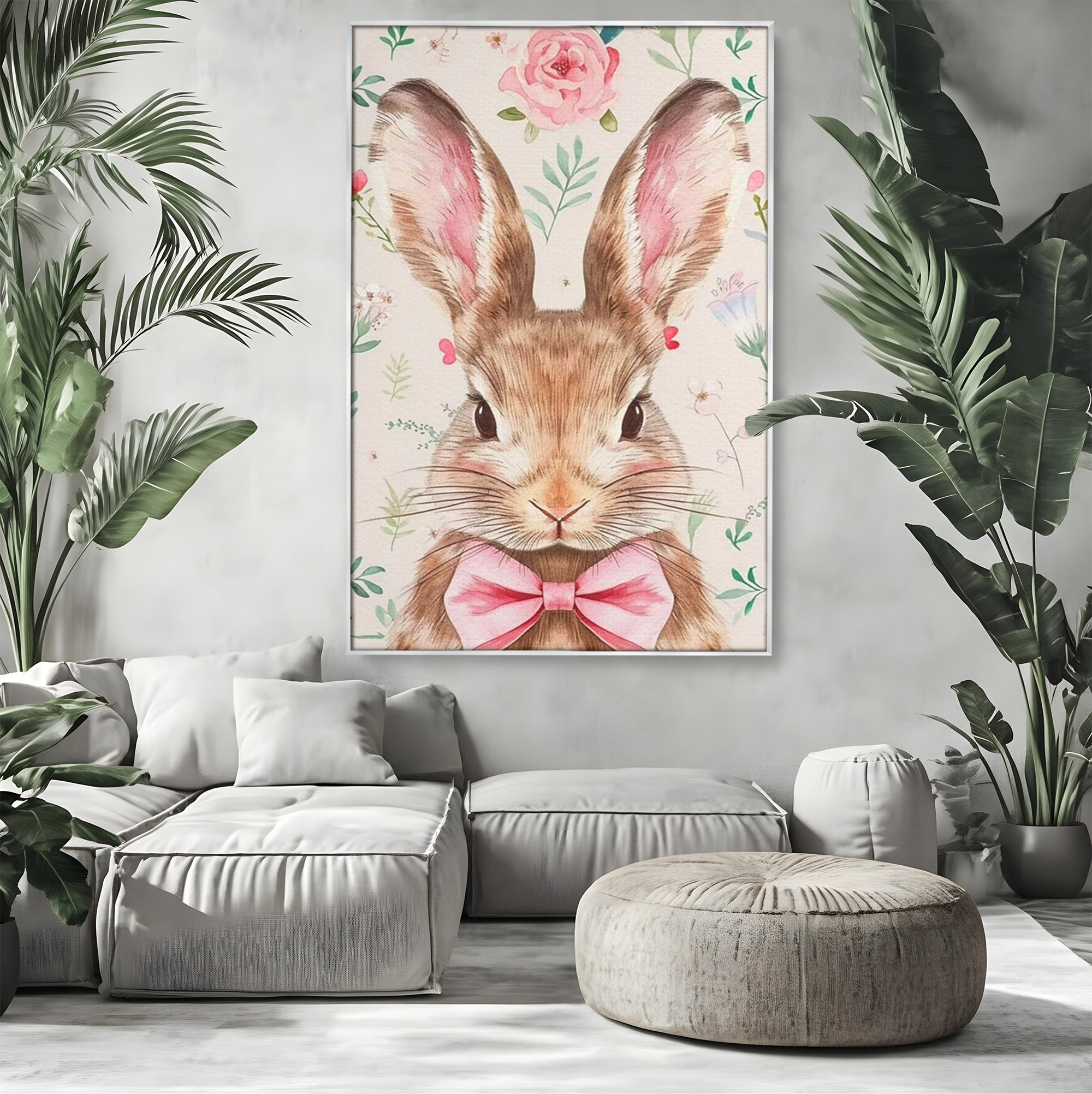 Leinwand Wandbilder Premium, LuxCanva® K1037, Herr Hase, Elegant, Fliege, Rosa, Gingham, Fröhlich, Frühling, Frühling, Decke, Floral, Stimmung, Pastell, Harmonie, Tier, Geschenk, Babyzimmer, Schlafzimmer