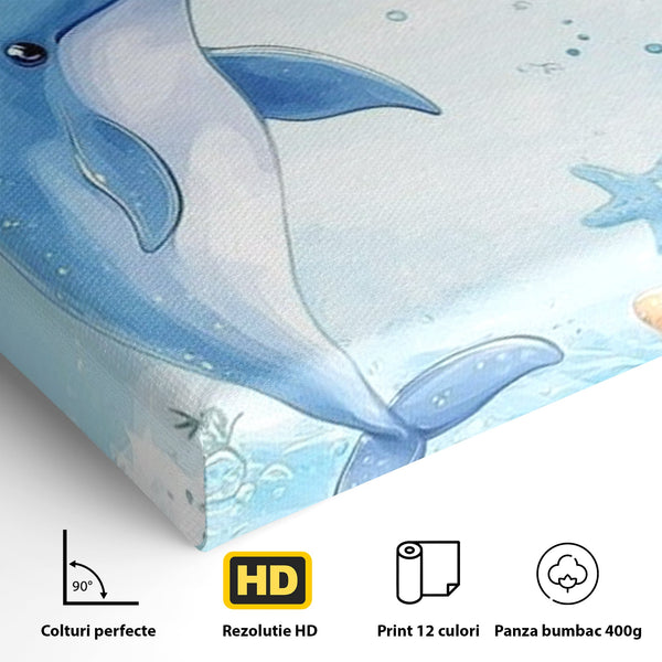 Tablou Canvas Premium, LuxCanva® K1038, Balet Marin, Dans, Delfini, Prietenie, Valuri, Ocean, Salturi, Subacvatic, Libertate, Apa, Joaca, Veselie, Magie, Explorare, Camera Copil, Dormitor