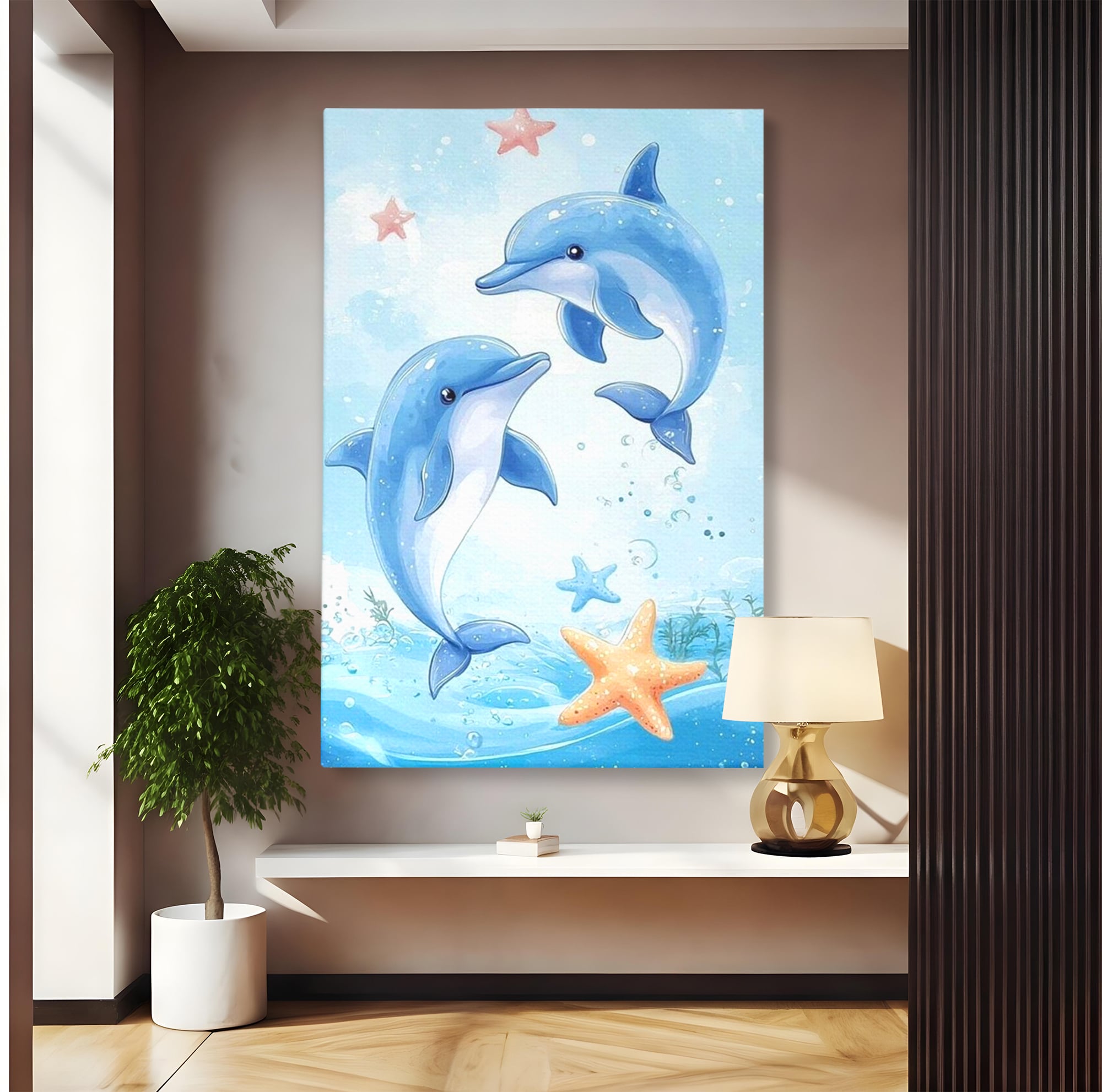 Tablou Canvas Premium, LuxCanva® K1038, Balet Marin, Dans, Delfini, Prietenie, Valuri, Ocean, Salturi, Subacvatic, Libertate, Apa, Joaca, Veselie, Magie, Explorare, Camera Copil, Dormitor