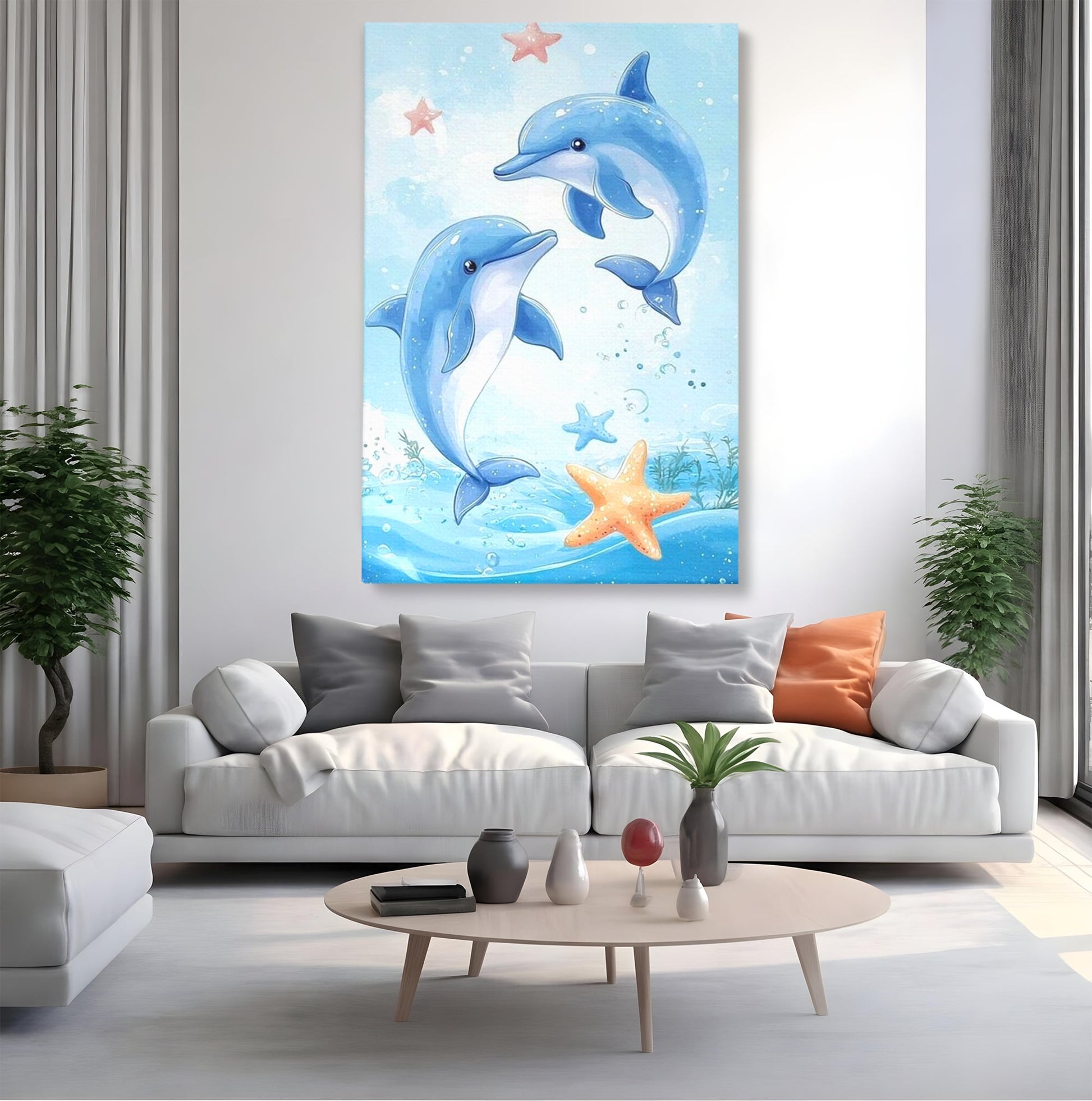 Tablou Canvas Premium, LuxCanva® K1038, Balet Marin, Dans, Delfini, Prietenie, Valuri, Ocean, Salturi, Subacvatic, Libertate, Apa, Joaca, Veselie, Magie, Explorare, Camera Copil, Dormitor