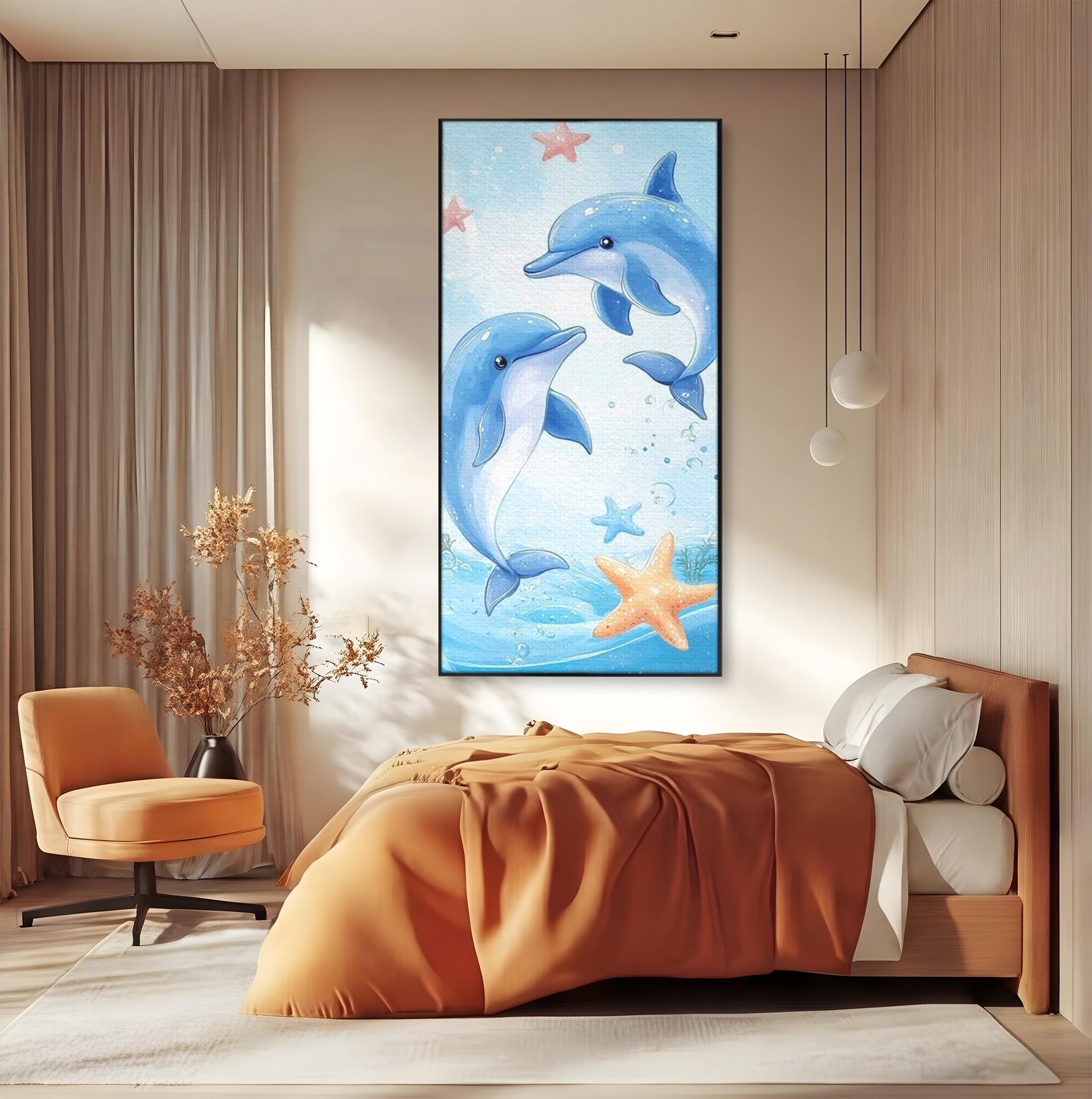 Tablou Canvas Premium, LuxCanva® K1038, Balet Marin, Dans, Delfini, Prietenie, Valuri, Ocean, Salturi, Subacvatic, Libertate, Apa, Joaca, Veselie, Magie, Explorare, Camera Copil, Dormitor
