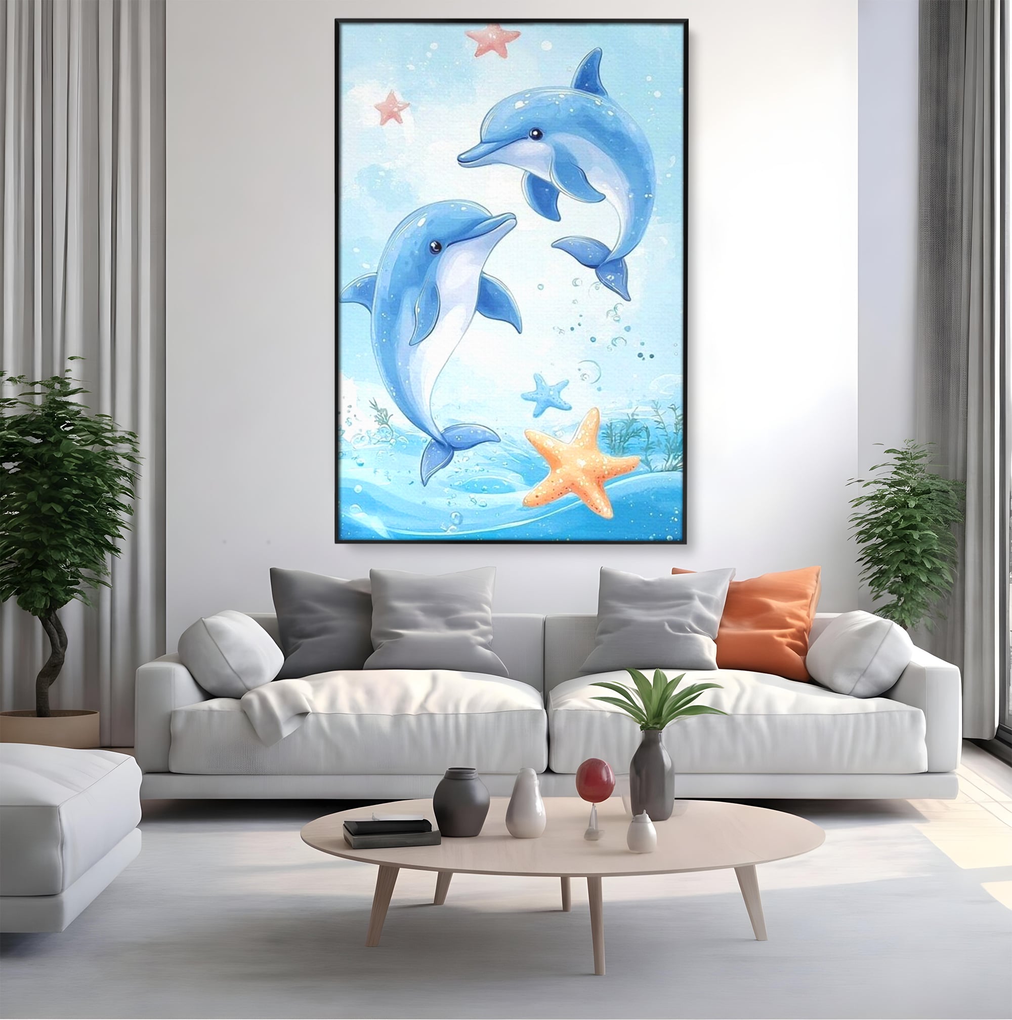 Tablou Canvas Premium, LuxCanva® K1038, Balet Marin, Dans, Delfini, Prietenie, Valuri, Ocean, Salturi, Subacvatic, Libertate, Apa, Joaca, Veselie, Magie, Explorare, Camera Copil, Dormitor