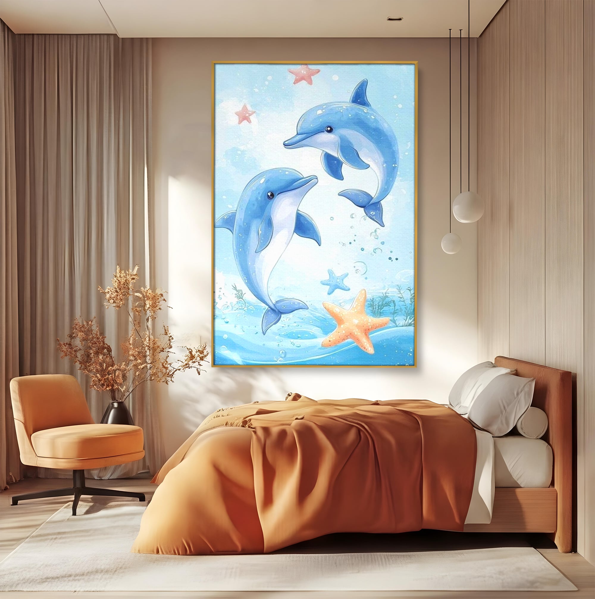 Tablou Canvas Premium, LuxCanva® K1038, Balet Marin, Dans, Delfini, Prietenie, Valuri, Ocean, Salturi, Subacvatic, Libertate, Apa, Joaca, Veselie, Magie, Explorare, Camera Copil, Dormitor