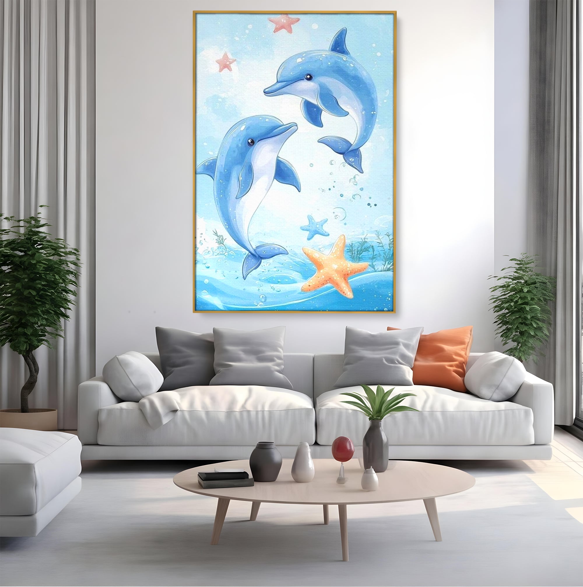 Tablou Canvas Premium, LuxCanva® K1038, Balet Marin, Dans, Delfini, Prietenie, Valuri, Ocean, Salturi, Subacvatic, Libertate, Apa, Joaca, Veselie, Magie, Explorare, Camera Copil, Dormitor