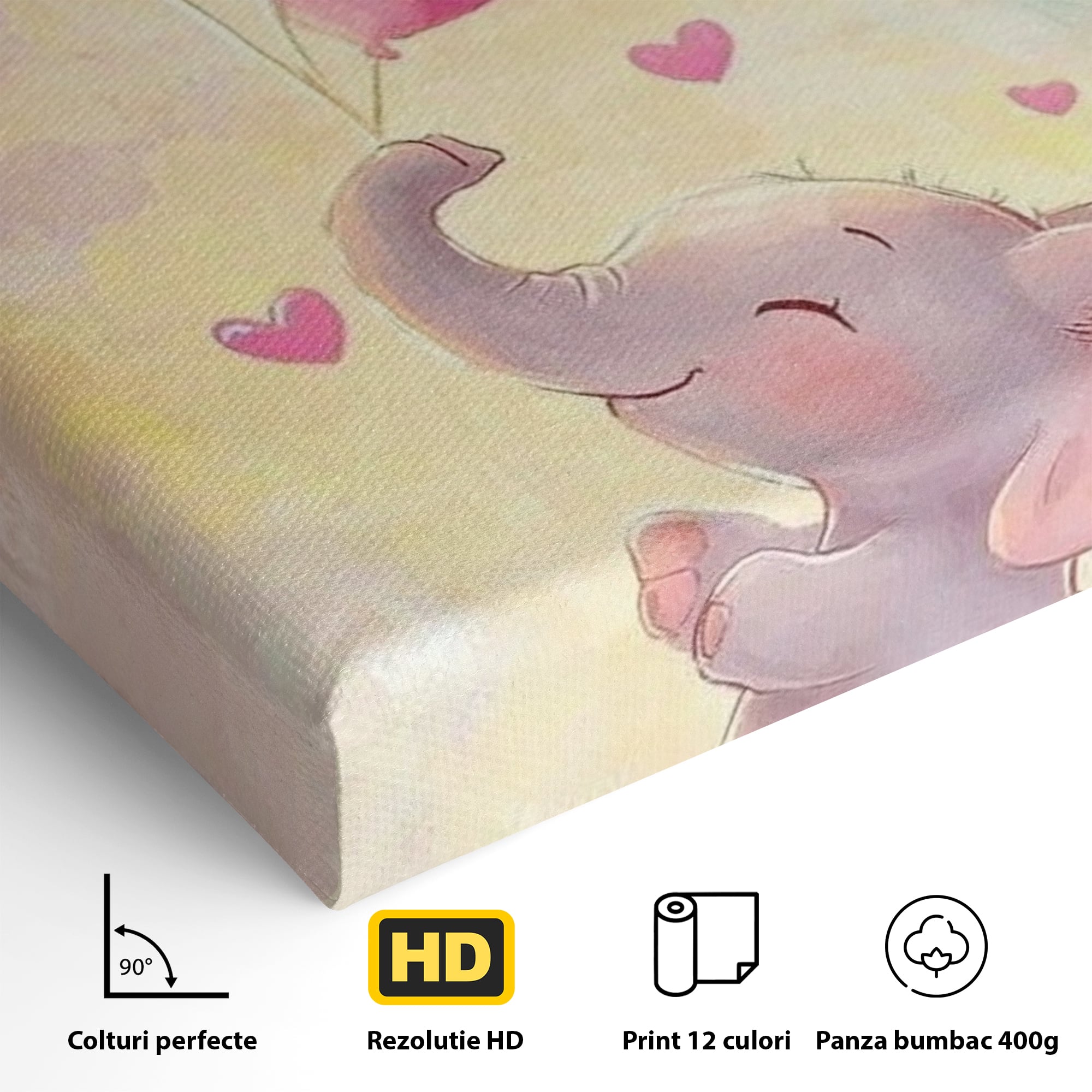 Tablou Canvas Premium, LuxCanva® K1039, Elefantelul Visator, Emotie, Zbor, Inimi, Baloane, Bucurie, Vant, Fericire, Micut, Pui, Iubire, Gingasie, Dulce, Pastel, Magie, Camera Copil, Dormitor