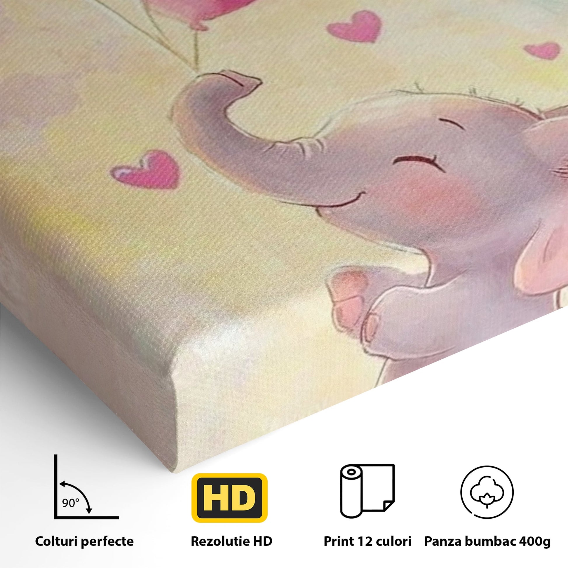 Tablou Canvas Premium, LuxCanva® K1039, Elefantelul Visator, Emotie, Zbor, Inimi, Baloane, Bucurie, Vant, Fericire, Micut, Pui, Iubire, Gingasie, Dulce, Pastel, Magie, Camera Copil, Dormitor
