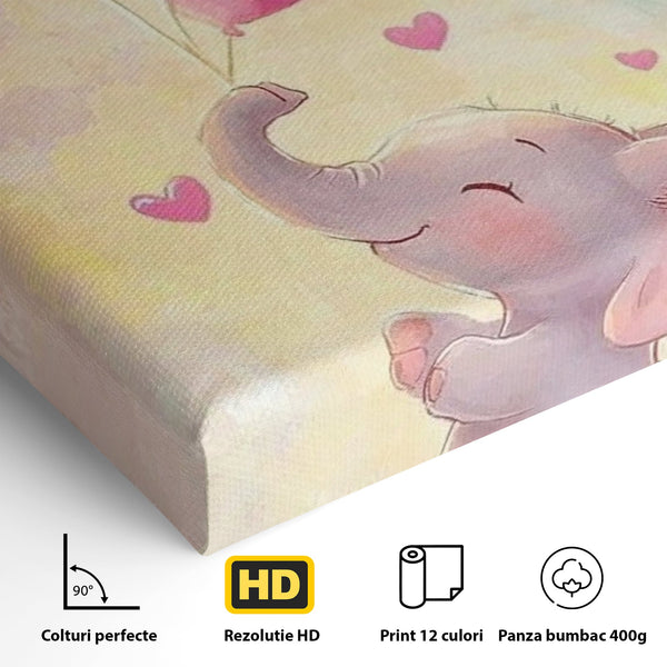Tablou Canvas Premium, LuxCanva® K1039, Elefantelul Visator, Emotie, Zbor, Inimi, Baloane, Bucurie, Vant, Fericire, Micut, Pui, Iubire, Gingasie, Dulce, Pastel, Magie, Camera Copil, Dormitor