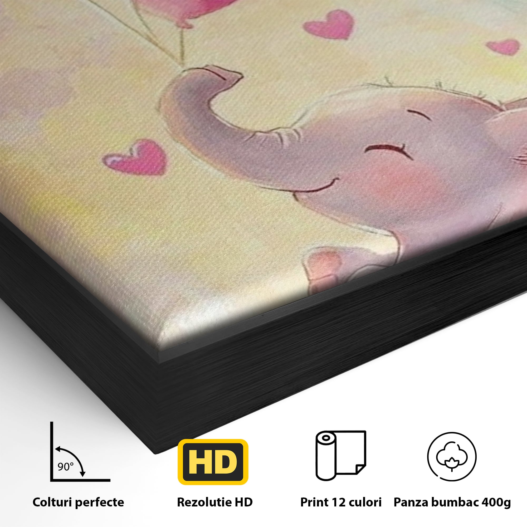 Tablou Canvas Premium, LuxCanva® K1039, Elefantelul Visator, Emotie, Zbor, Inimi, Baloane, Bucurie, Vant, Fericire, Micut, Pui, Iubire, Gingasie, Dulce, Pastel, Magie, Camera Copil, Dormitor