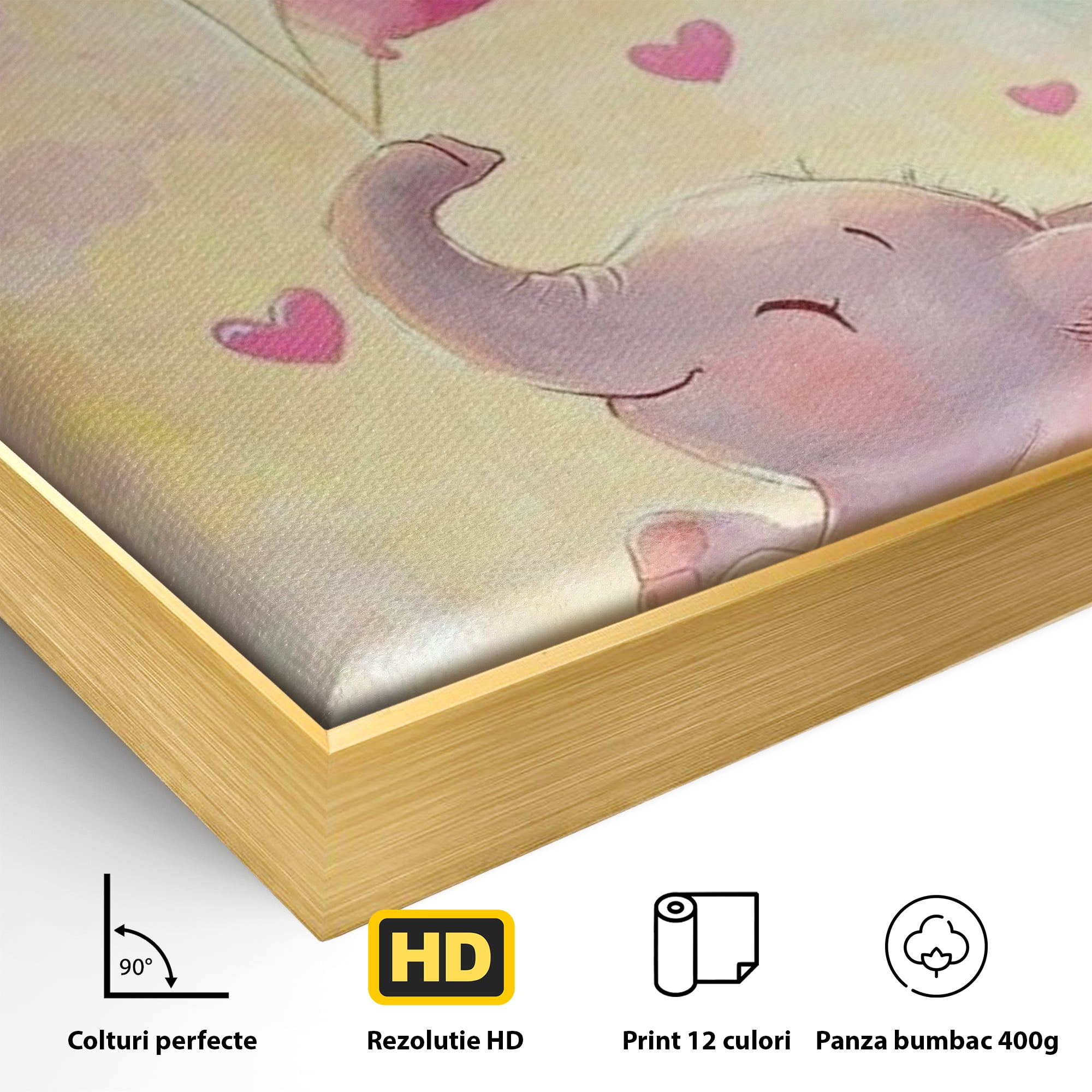 Tablou Canvas Premium, LuxCanva® K1039, Elefantelul Visator, Emotie, Zbor, Inimi, Baloane, Bucurie, Vant, Fericire, Micut, Pui, Iubire, Gingasie, Dulce, Pastel, Magie, Camera Copil, Dormitor