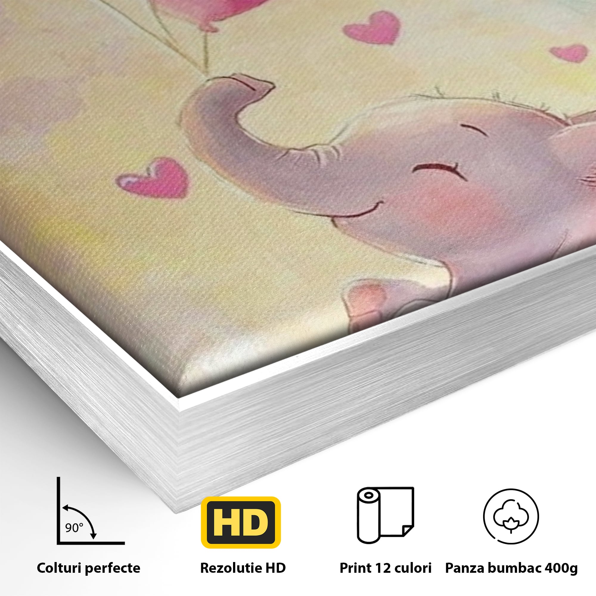 Tablou Canvas Premium, LuxCanva® K1039, Elefantelul Visator, Emotie, Zbor, Inimi, Baloane, Bucurie, Vant, Fericire, Micut, Pui, Iubire, Gingasie, Dulce, Pastel, Magie, Camera Copil, Dormitor
