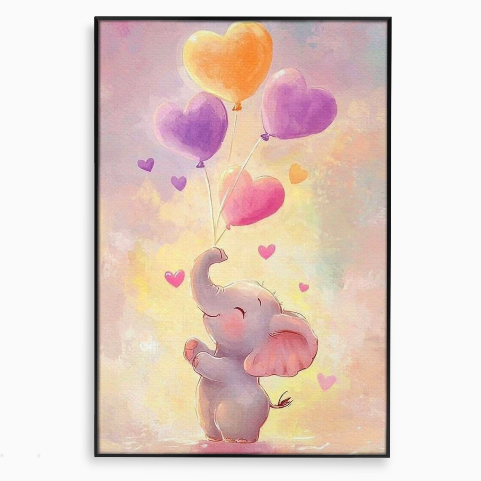 Tablou Canvas Premium, LuxCanva® K1039, Elefantelul Visator, Emotie, Zbor, Inimi, Baloane, Bucurie, Vant, Fericire, Micut, Pui, Iubire, Gingasie, Dulce, Pastel, Magie, Camera Copil, Dormitor