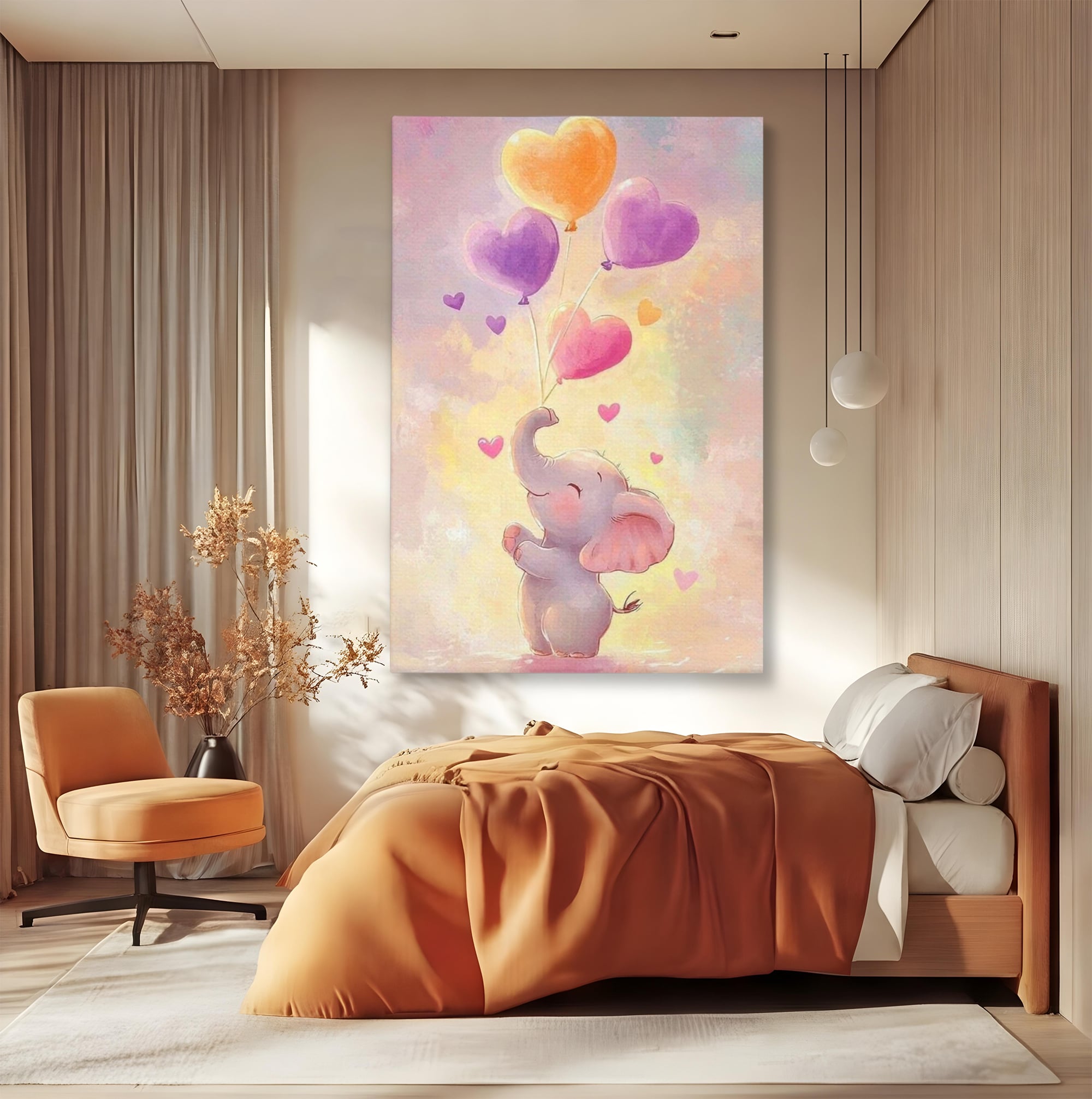 Tablou Canvas Premium, LuxCanva® K1039, Elefantelul Visator, Emotie, Zbor, Inimi, Baloane, Bucurie, Vant, Fericire, Micut, Pui, Iubire, Gingasie, Dulce, Pastel, Magie, Camera Copil, Dormitor