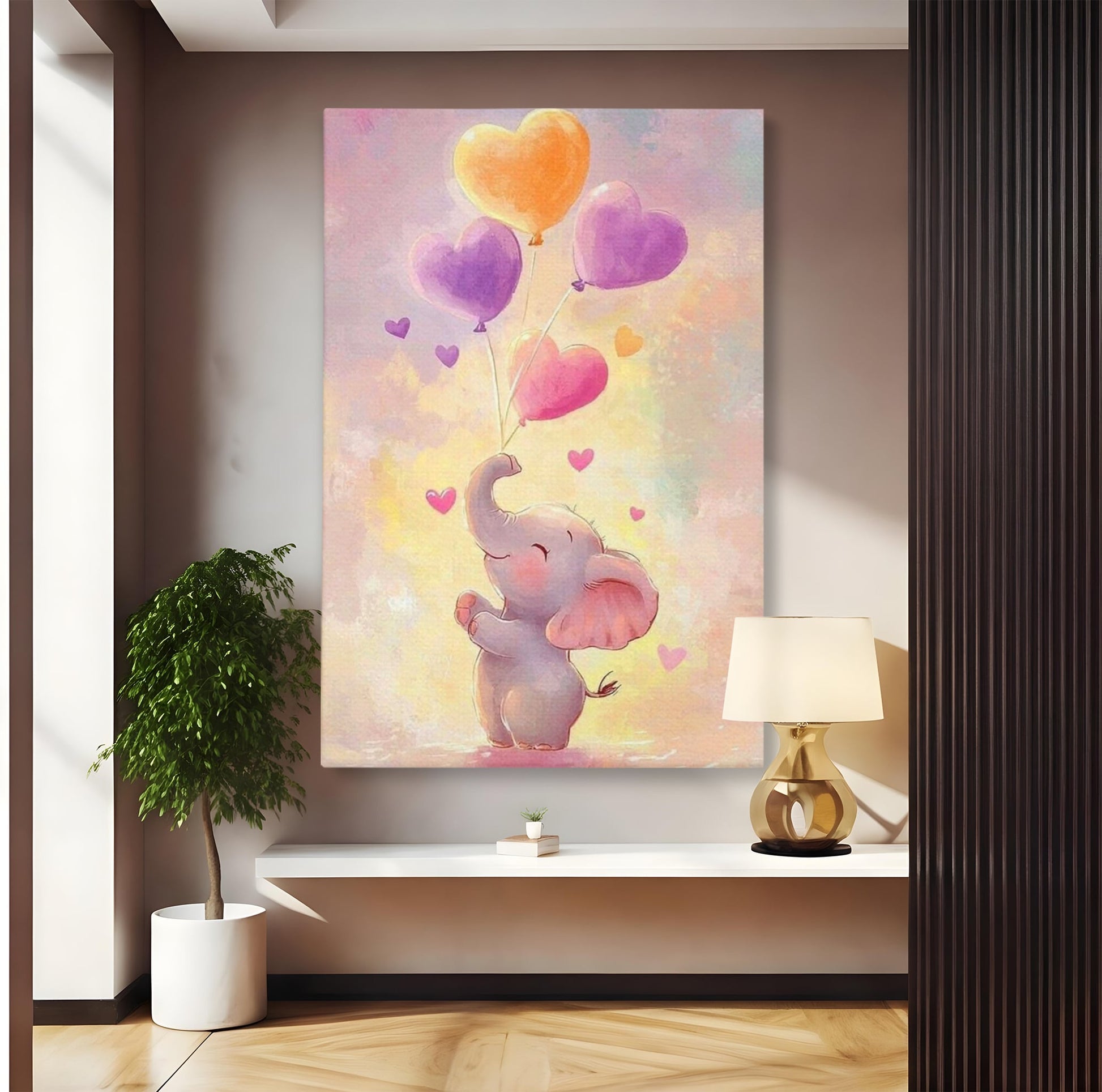 Tablou Canvas Premium, LuxCanva® K1039, Elefantelul Visator, Emotie, Zbor, Inimi, Baloane, Bucurie, Vant, Fericire, Micut, Pui, Iubire, Gingasie, Dulce, Pastel, Magie, Camera Copil, Dormitor