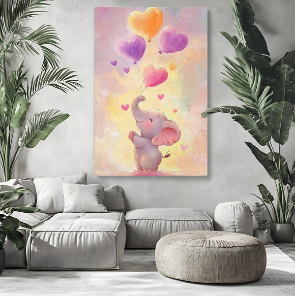 Tablou Canvas Premium, LuxCanva® K1039, Elefantelul Visator, Emotie, Zbor, Inimi, Baloane, Bucurie, Vant, Fericire, Micut, Pui, Iubire, Gingasie, Dulce, Pastel, Magie, Camera Copil, Dormitor