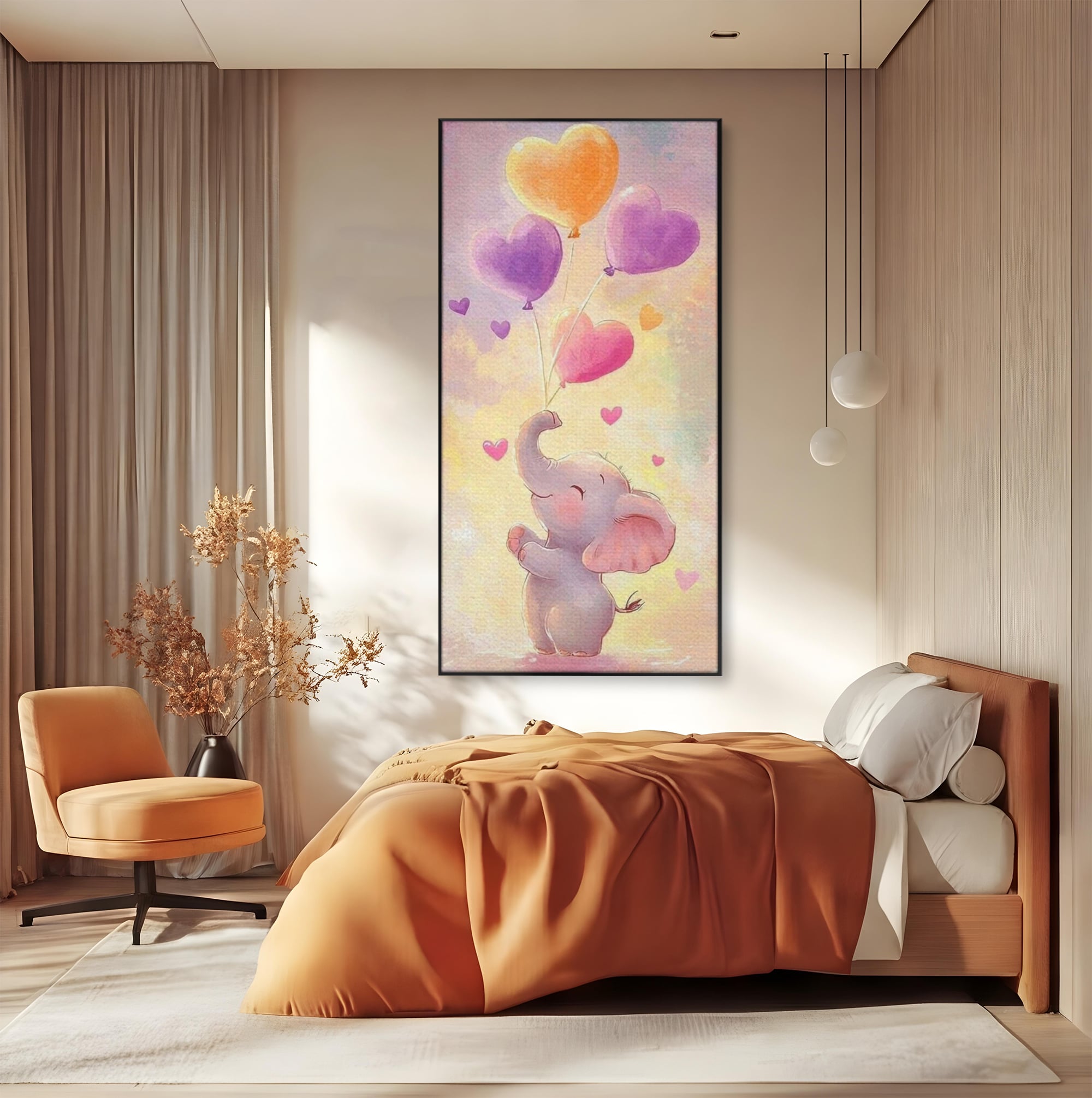 Tablou Canvas Premium, LuxCanva® K1039, Elefantelul Visator, Emotie, Zbor, Inimi, Baloane, Bucurie, Vant, Fericire, Micut, Pui, Iubire, Gingasie, Dulce, Pastel, Magie, Camera Copil, Dormitor